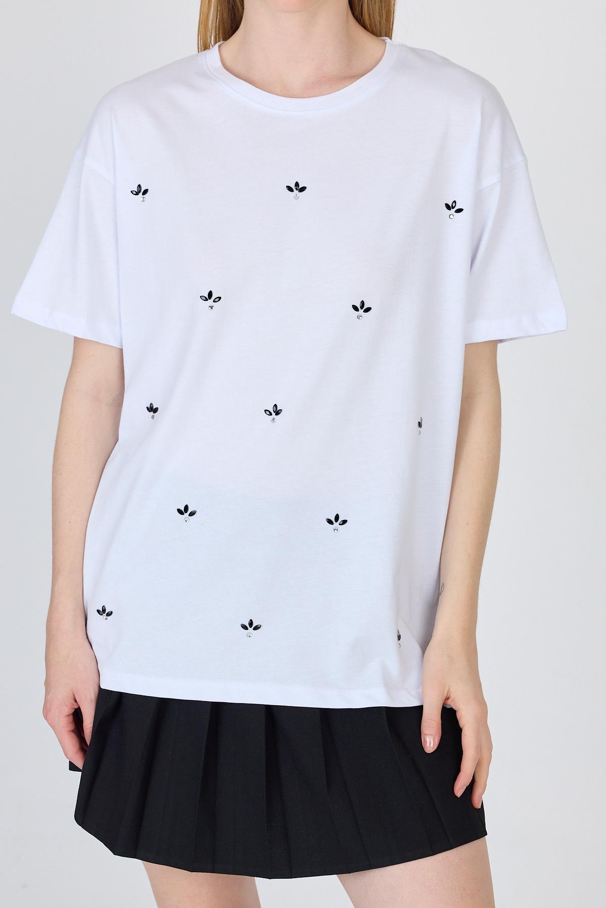 Beyaz Yazı Baskılı %100 Pamuk Oversize Tişört 2150-18M - 6