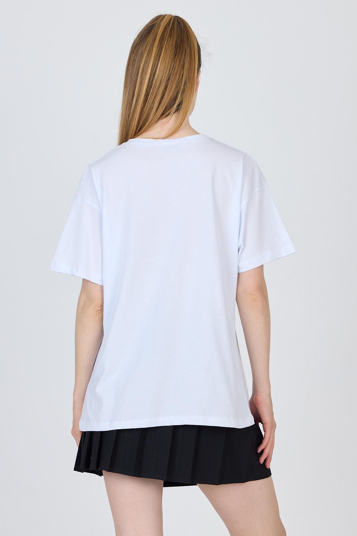 Beyaz Yazı Baskılı %100 Pamuk Oversize Tişört 2150-18M - 5