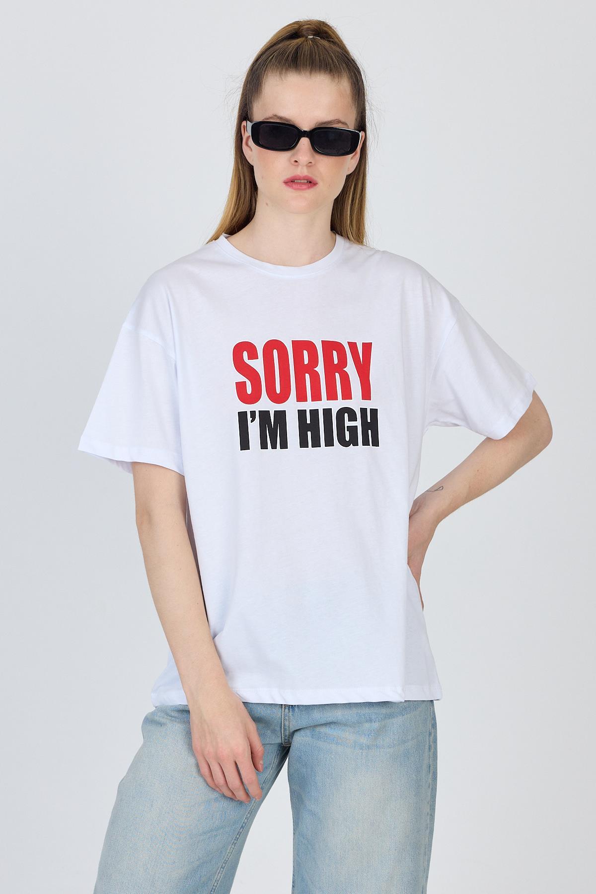 Beyaz Yazı Baskılı %100 Pamuk Oversize Tişört 2150-7M - 1