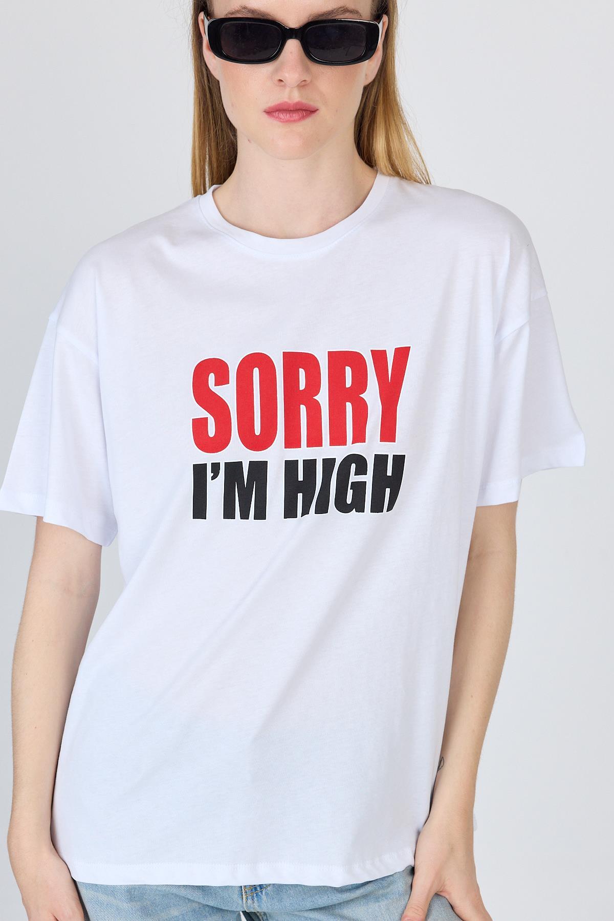 Beyaz Yazı Baskılı %100 Pamuk Oversize Tişört 2150-7M - RAYS