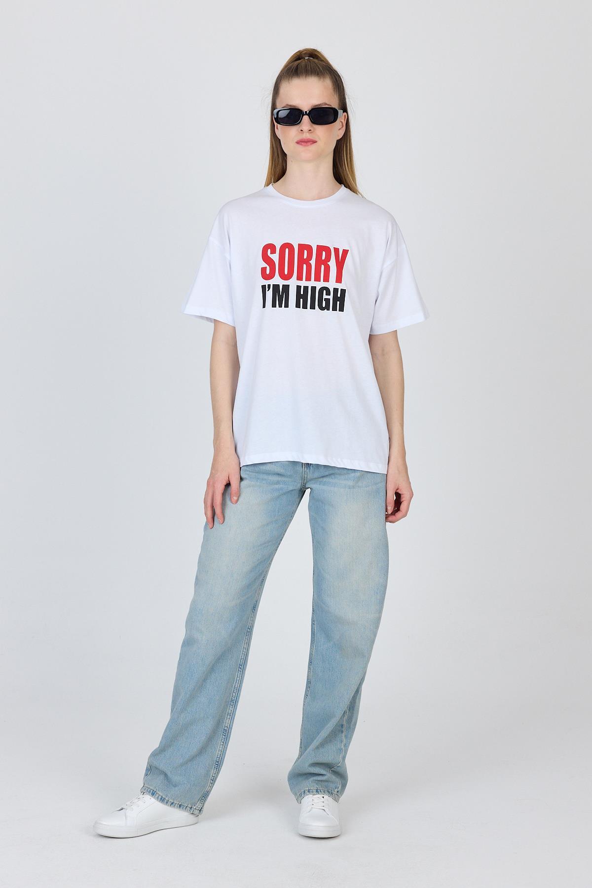 Beyaz Yazı Baskılı %100 Pamuk Oversize Tişört 2150-7M - 3