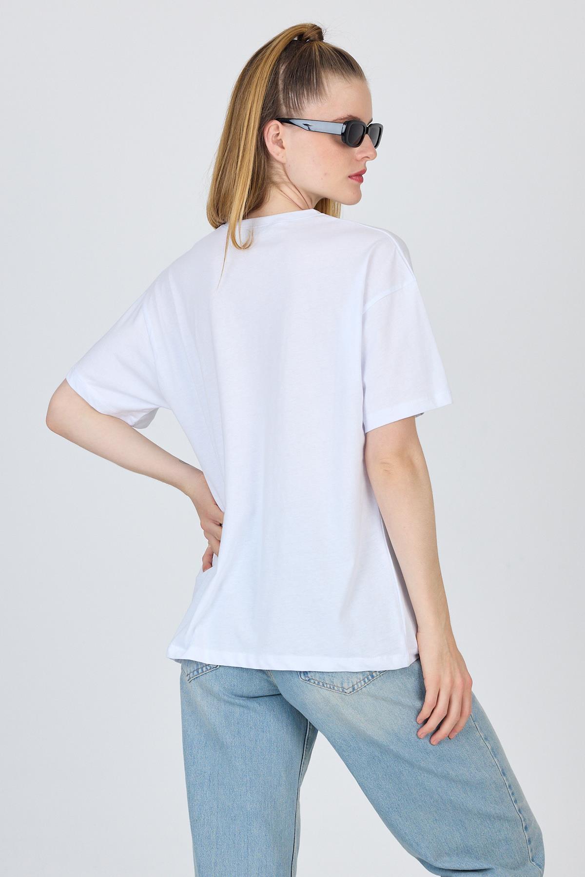 Beyaz Yazı Baskılı %100 Pamuk Oversize Tişört 2150-7M - 5