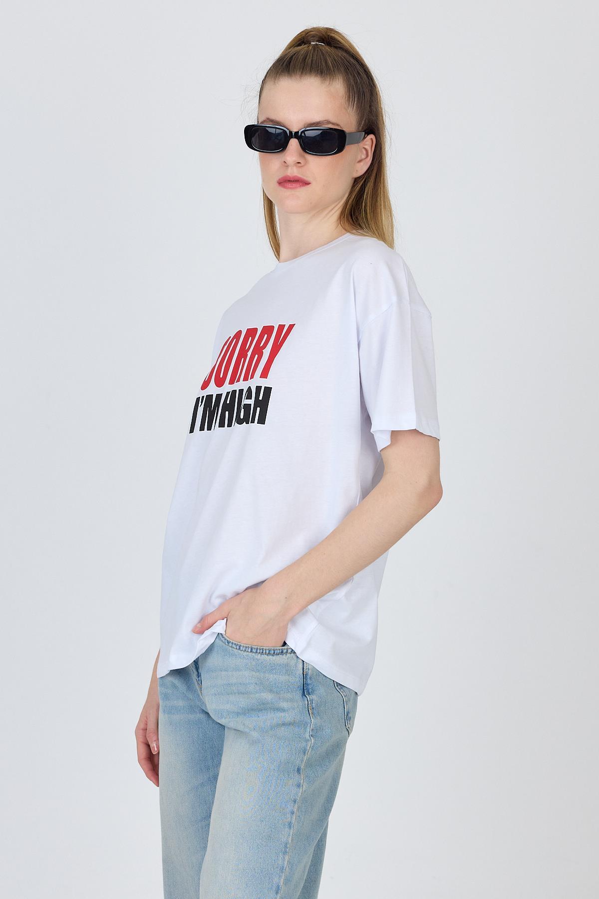 Beyaz Yazı Baskılı %100 Pamuk Oversize Tişört 2150-7M - 6