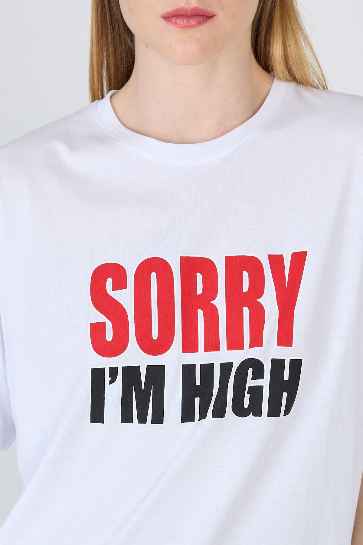 Beyaz Yazı Baskılı %100 Pamuk Oversize Tişört 2150-7M - 4