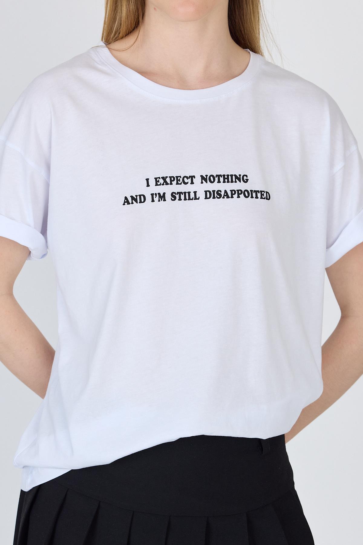 Beyaz Yazı Baskılı %100 Pamuk Oversize Tişört 2150-8M - RAYS