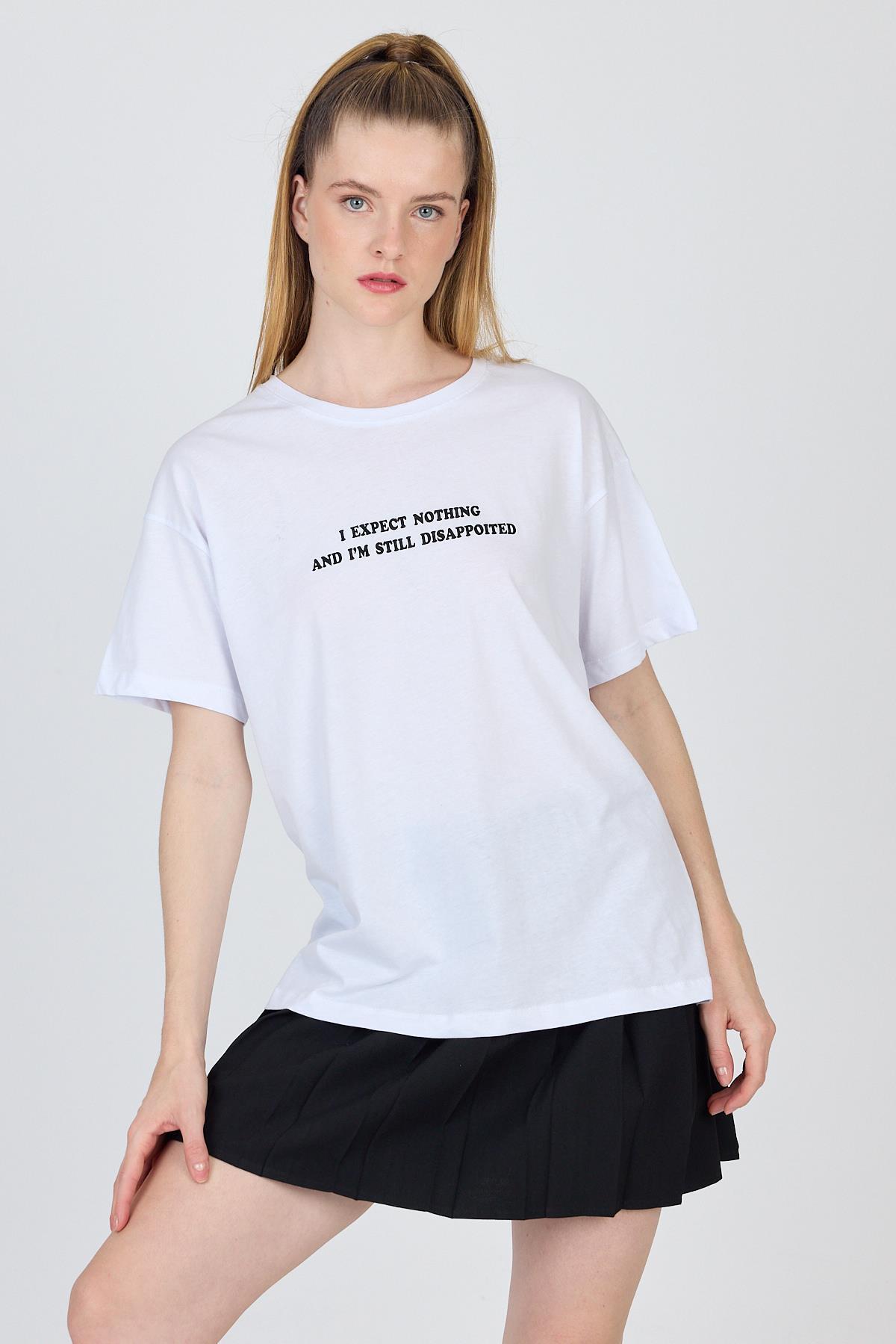 Beyaz Yazı Baskılı %100 Pamuk Oversize Tişört 2150-8M - 6