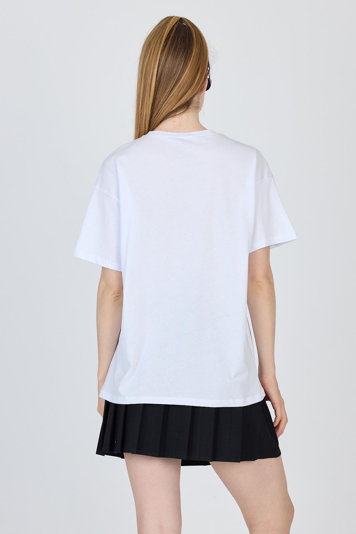 Beyaz Yazı Baskılı %100 Pamuk Oversize Tişört 2150-9M - 5