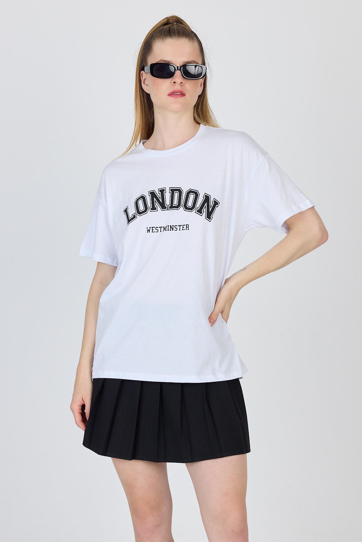 Beyaz Yazı Baskılı %100 Pamuk Oversize Tişört 2150-9M - 6