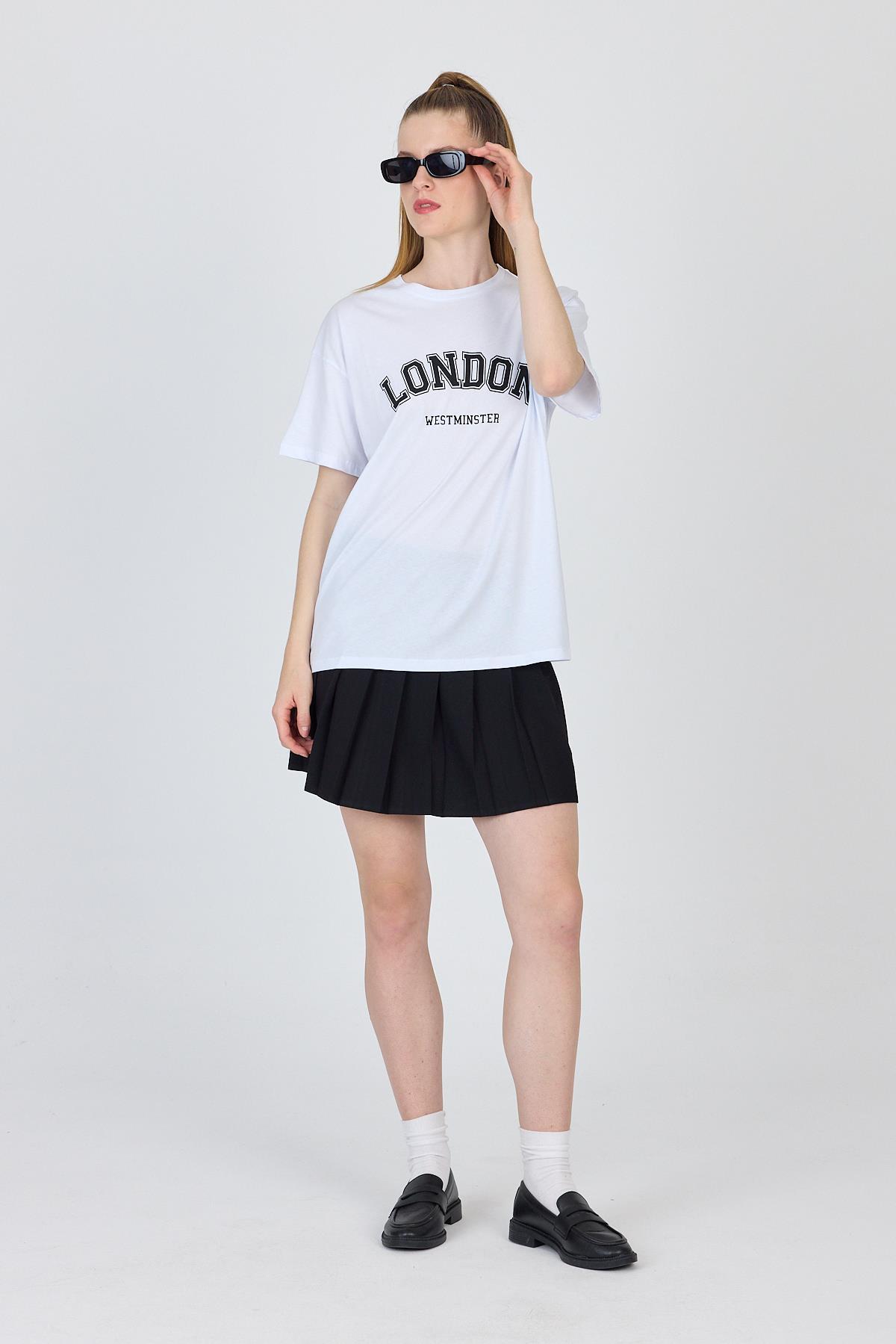 Beyaz Yazı Baskılı %100 Pamuk Oversize Tişört 2150-9M - 7