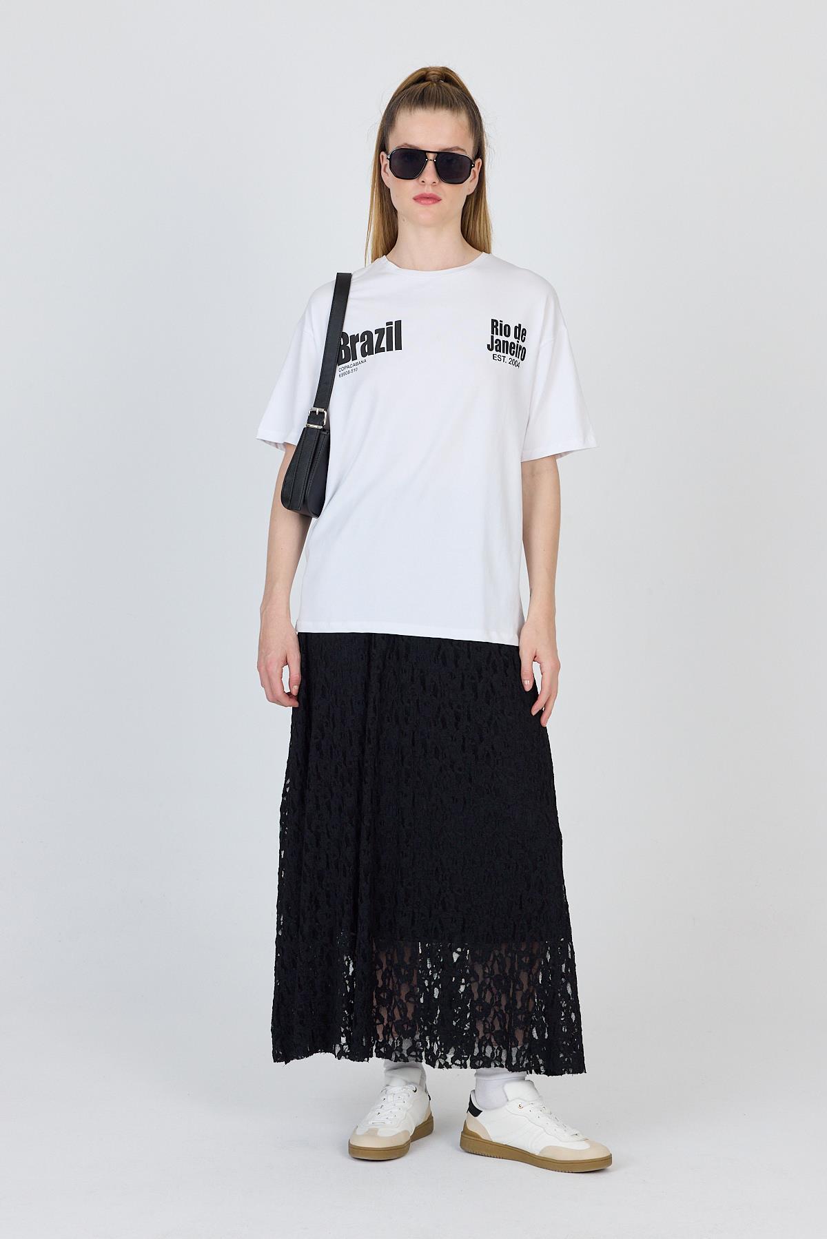 Beyaz Yazı Baskılı %100 Pamuk Oversize Tişört 6403 - RAYS