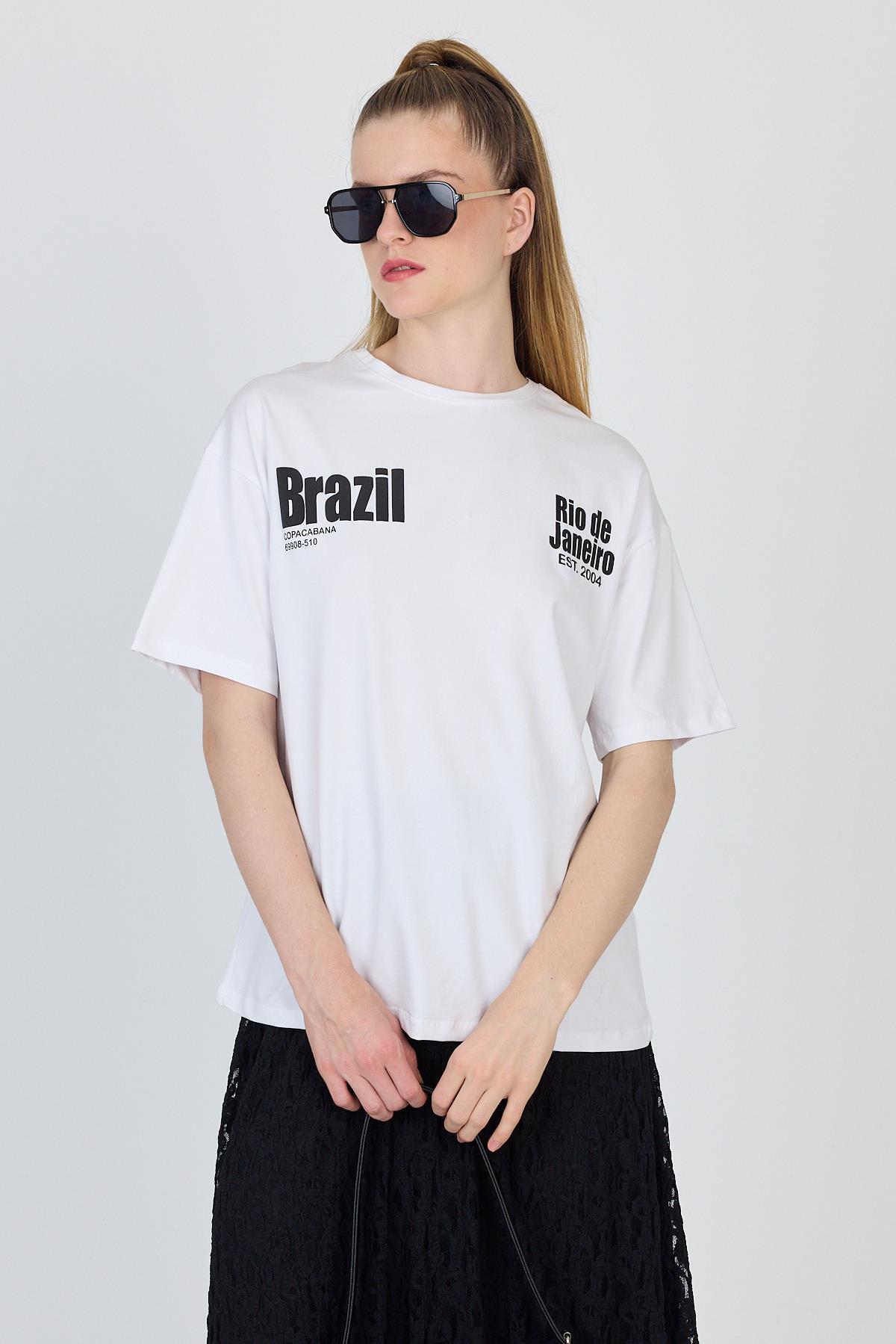 Beyaz Yazı Baskılı %100 Pamuk Oversize Tişört 6403 - 3