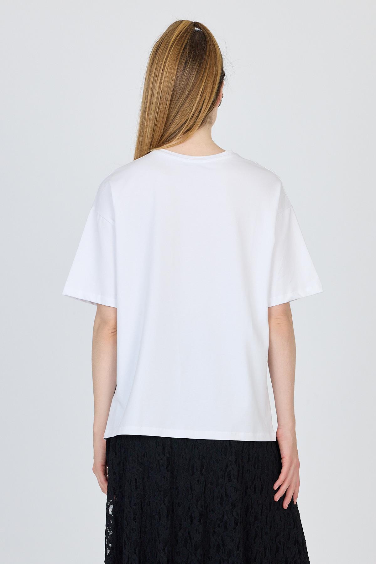 Beyaz Yazı Baskılı %100 Pamuk Oversize Tişört 6403 - 5