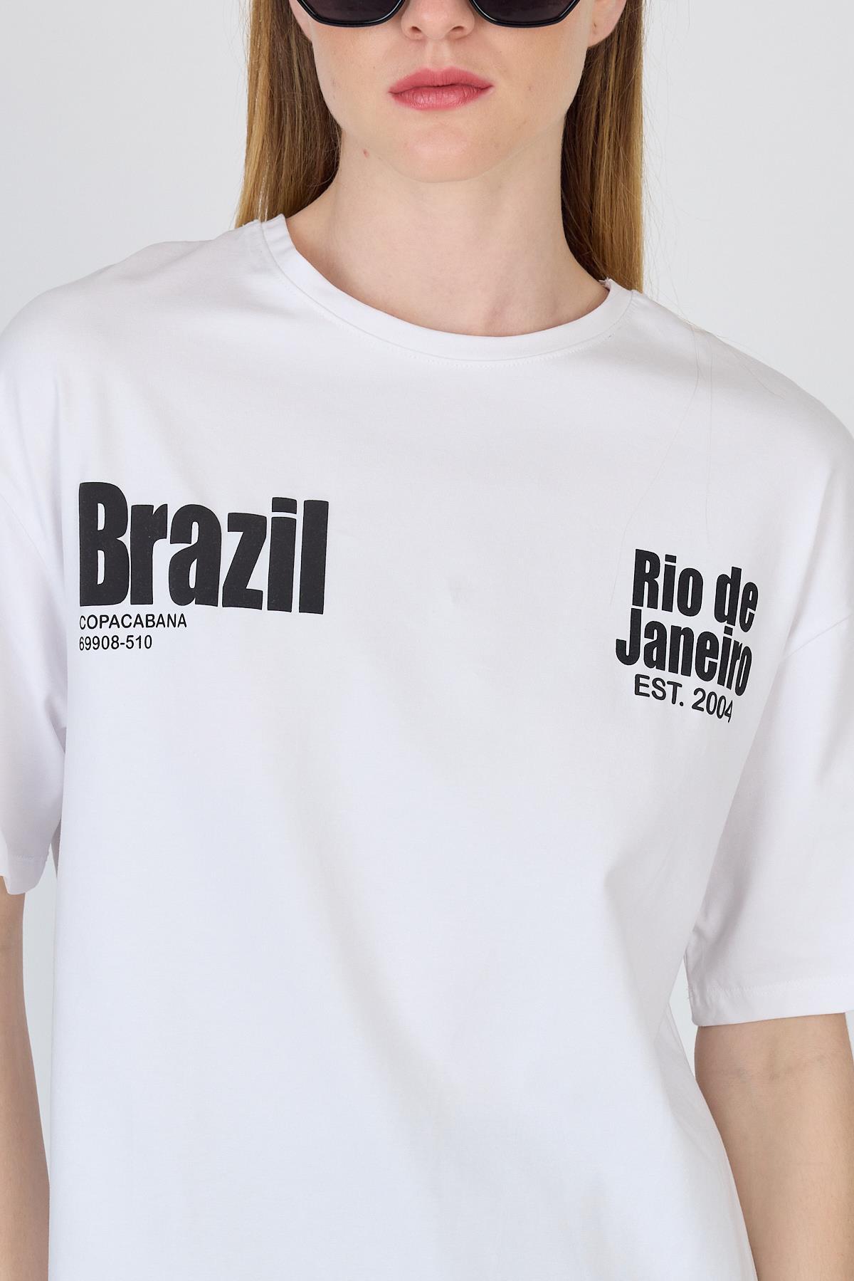 Beyaz Yazı Baskılı %100 Pamuk Oversize Tişört 6403 - 4