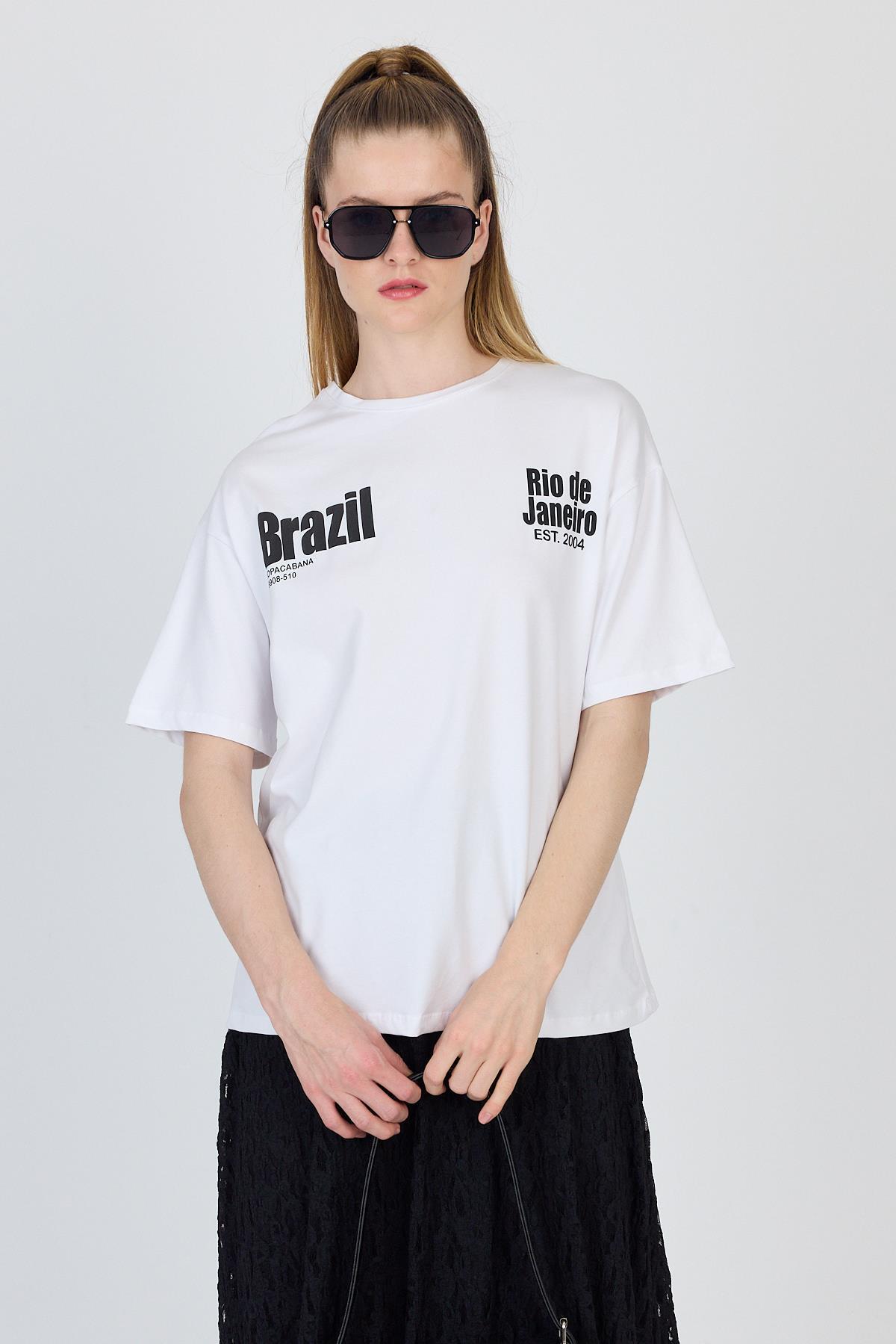 Beyaz Yazı Baskılı %100 Pamuk Oversize Tişört 6403 - 6