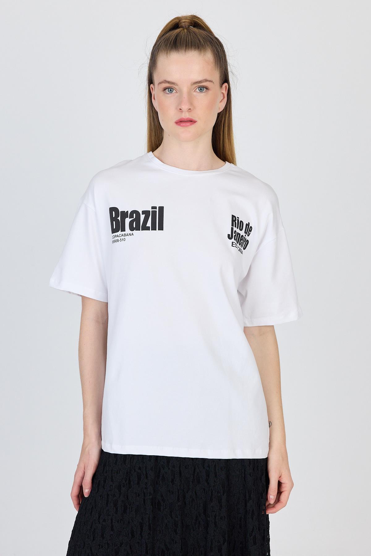 Beyaz Yazı Baskılı %100 Pamuk Oversize Tişört 6403 - 1