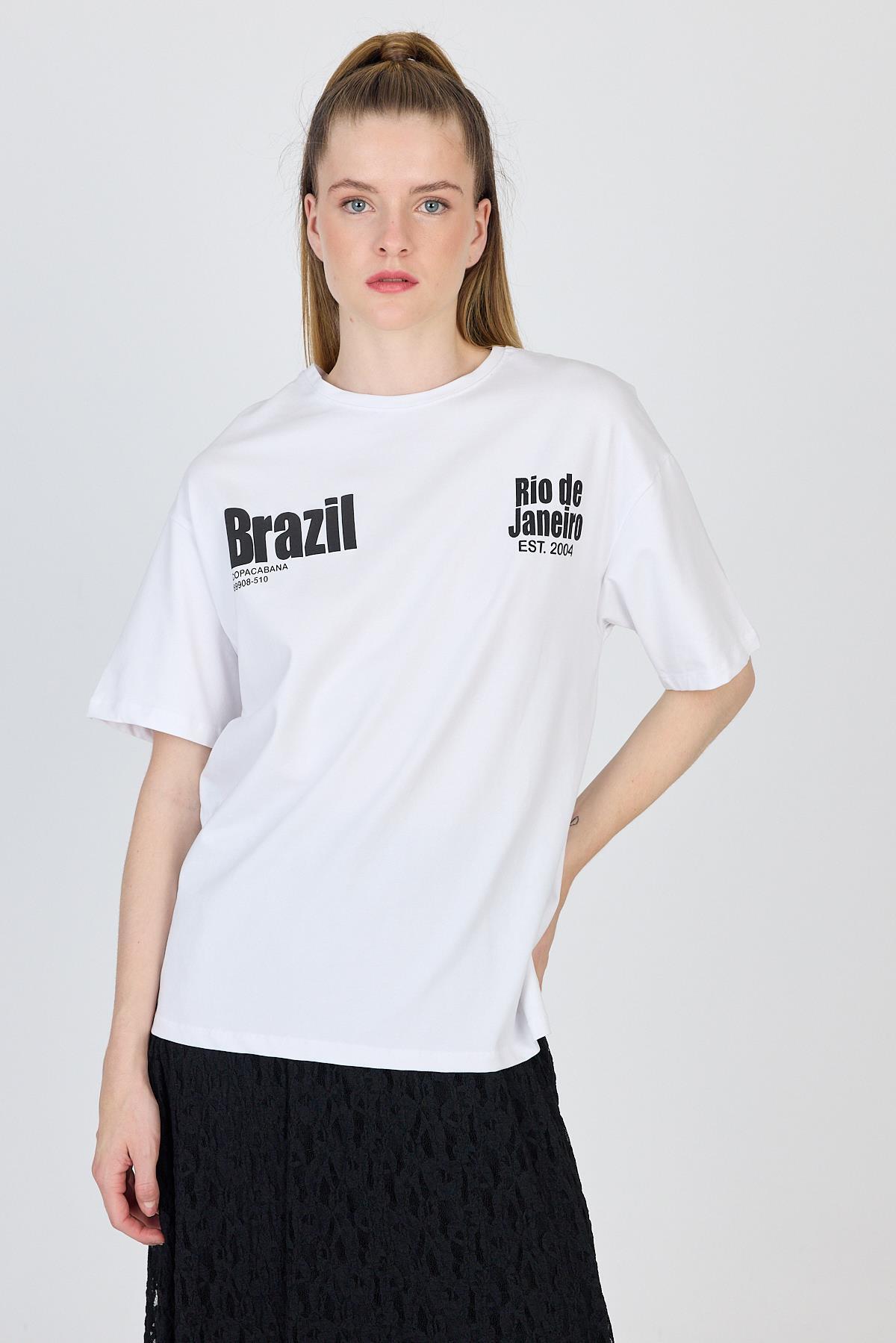 Beyaz Yazı Baskılı %100 Pamuk Oversize Tişört 6403 - 7