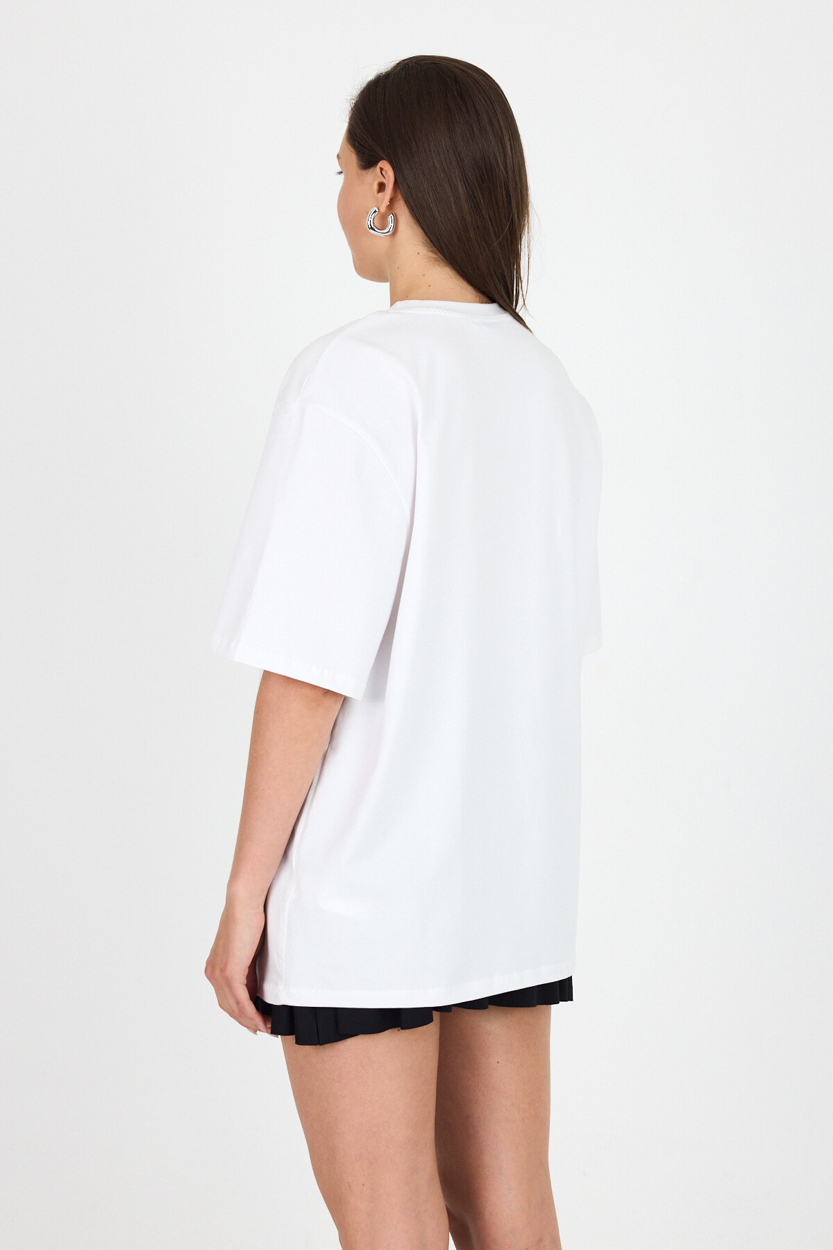 Beyaz Yazı Baskılı Bisiiklet Yaka Oversize Tişört 6056 - 5