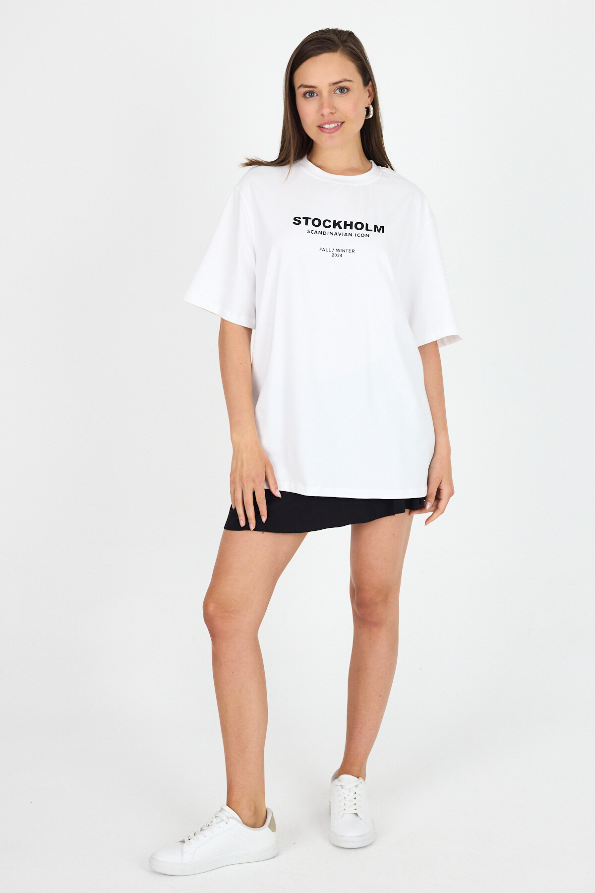 Beyaz Yazı Baskılı Bisiiklet Yaka Oversize Tişört 6056 - 3