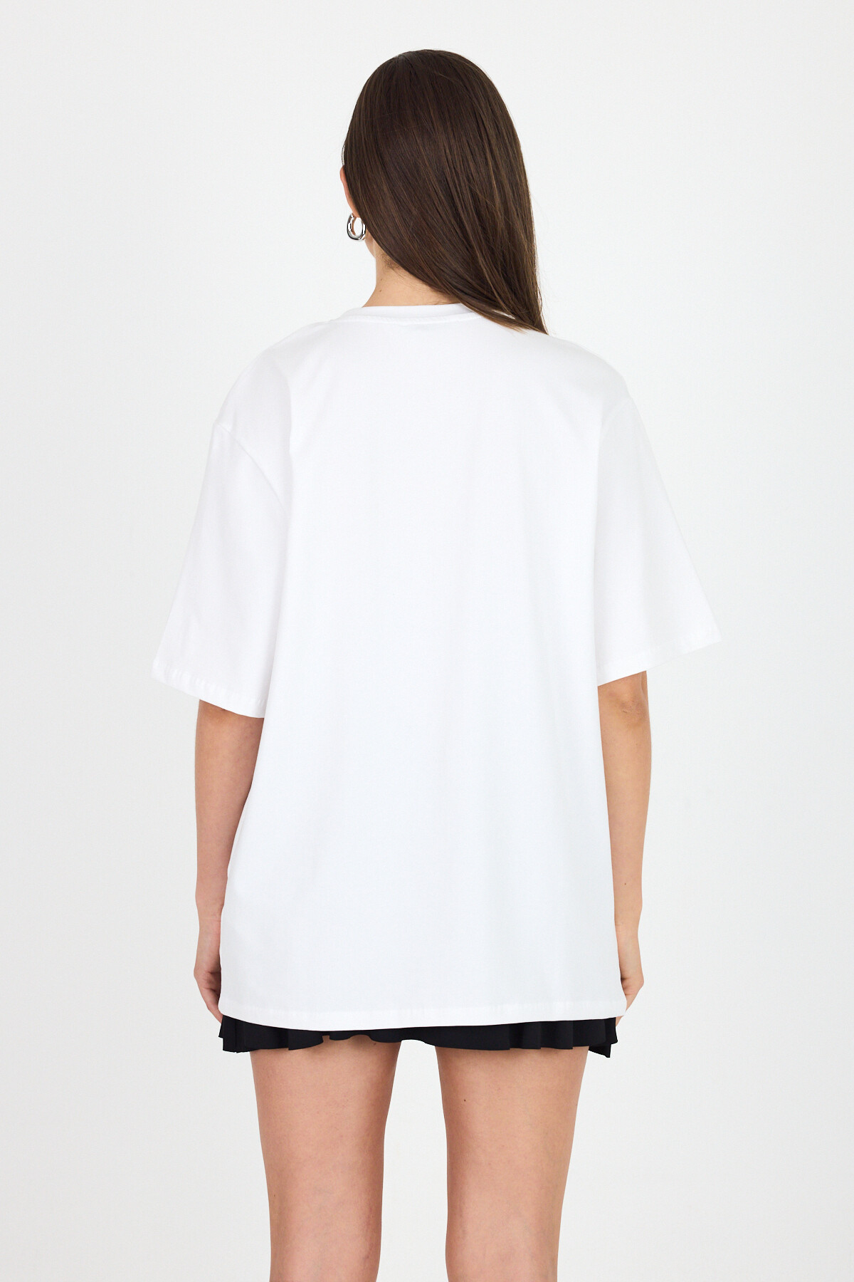 Beyaz Yazı Baskılı Bisiiklet Yaka Oversize Tişört 6056 - 6