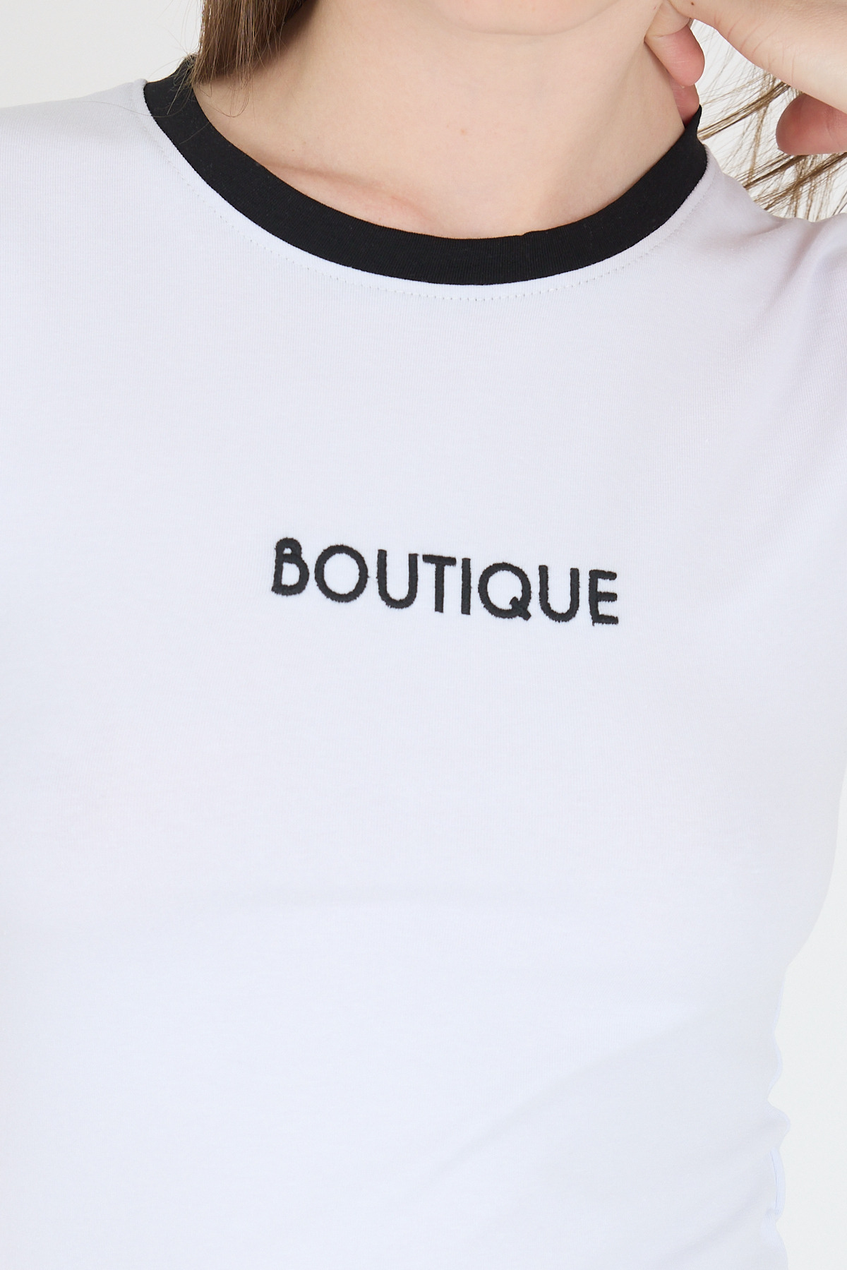 Beyaz Yazı Baskılı Biyeli Pamuklu Slim Fit Tişört 9192M - 4