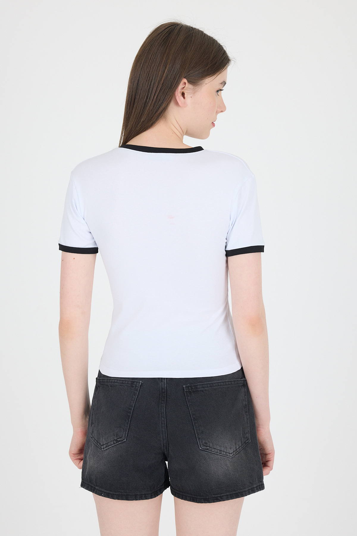 Beyaz Yazı Baskılı Biyeli Pamuklu Slim Fit Tişört 9192M - 5