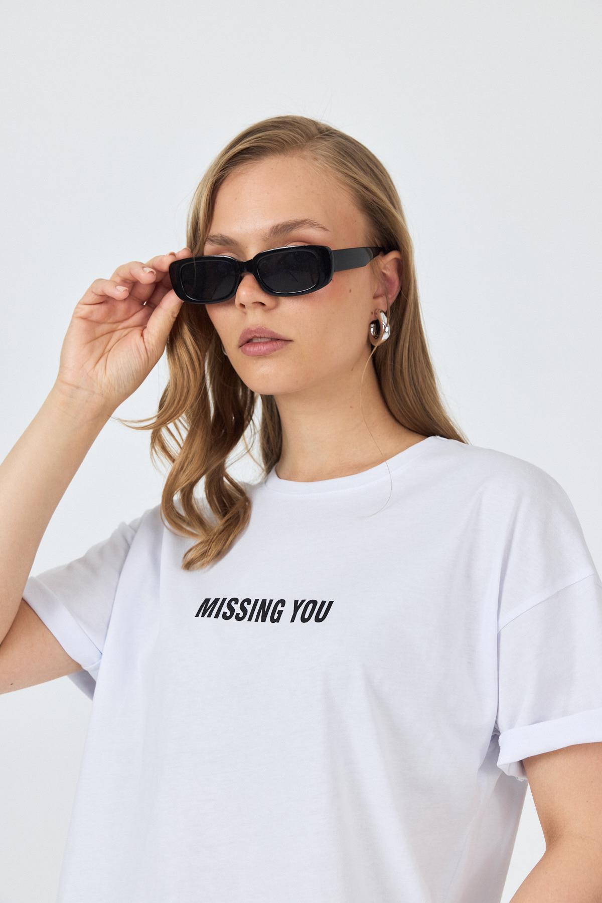 Beyaz Yazı Baskılı Pamuklu Oversize Tişört 2150-6M - 4