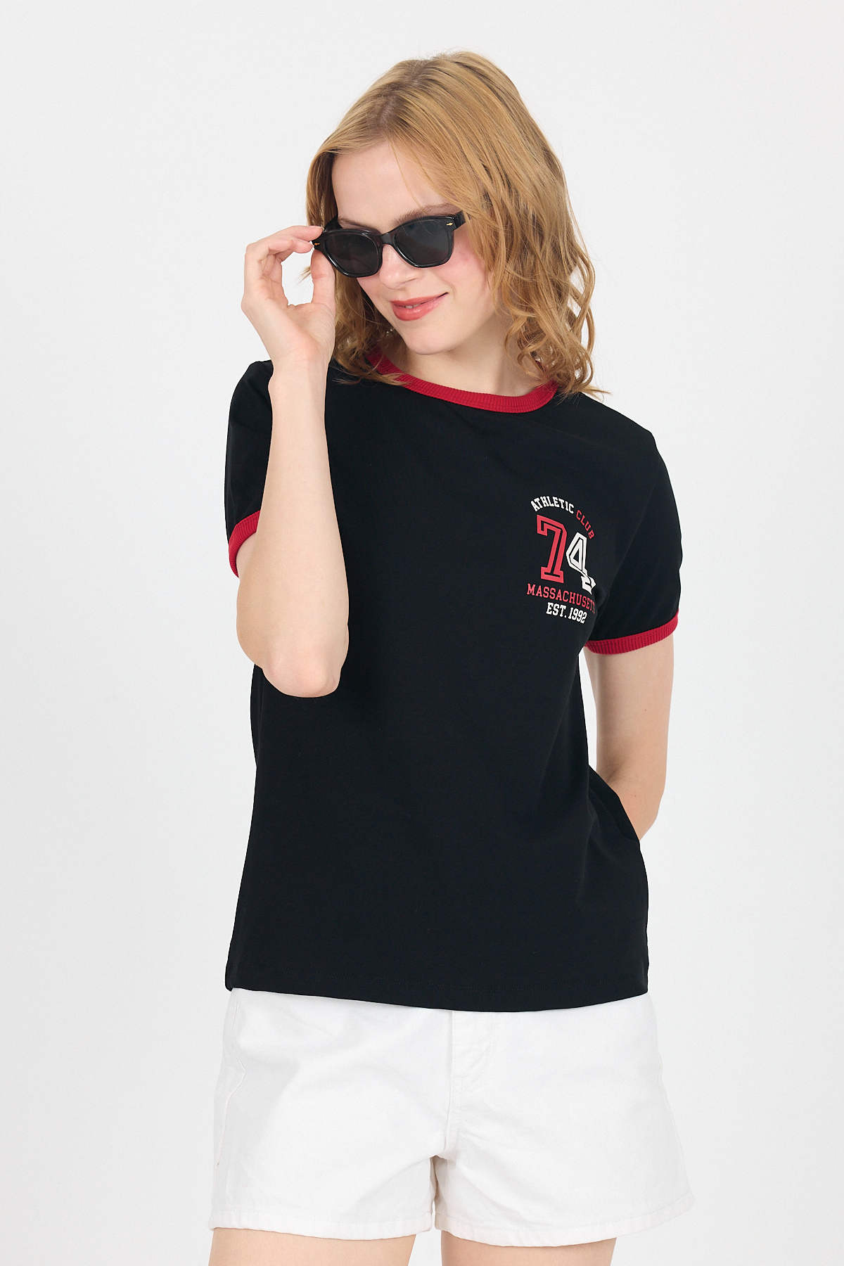 Beyaz Yazı Baskılı Regular Fit Ribana Detaylı Tişört 6325 - 6