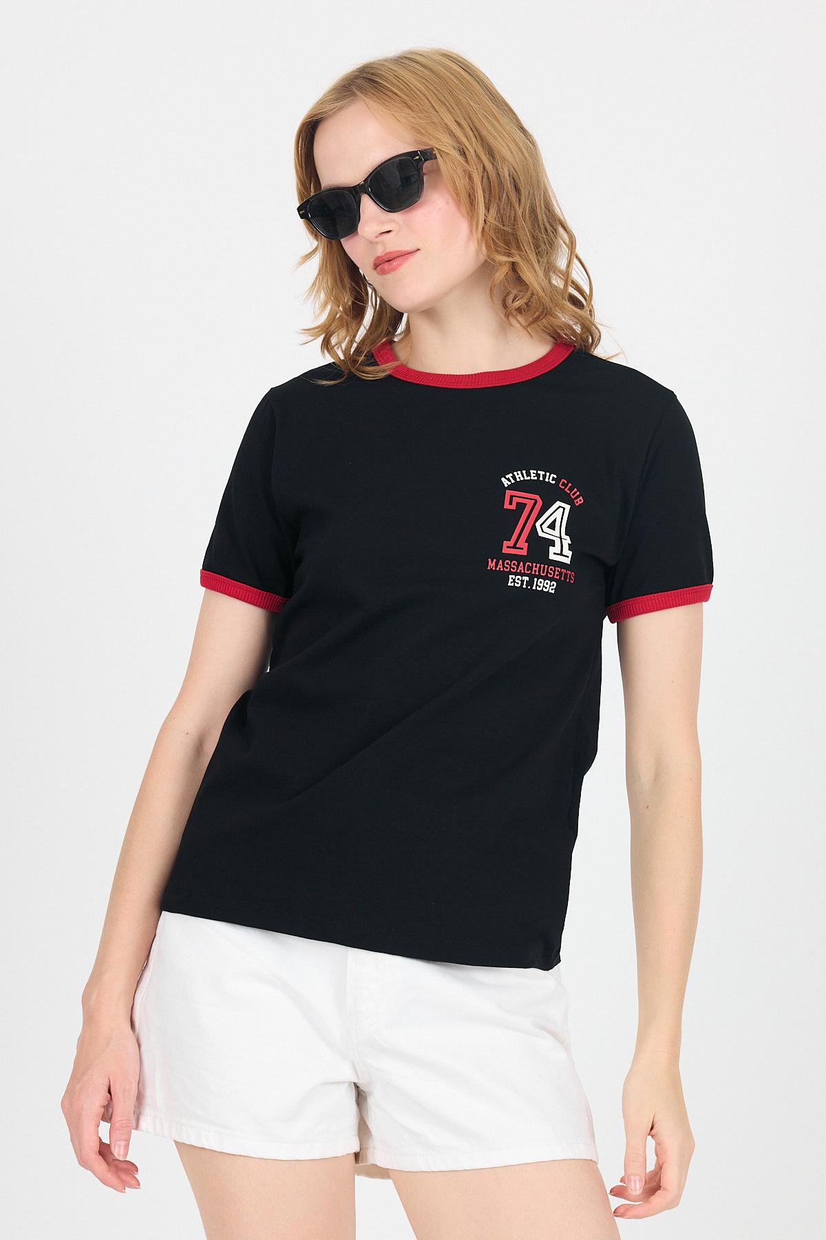 Siyah Yazı Baskılı Regular Fit Ribana Detaylı Tişört 6325 - RAYS