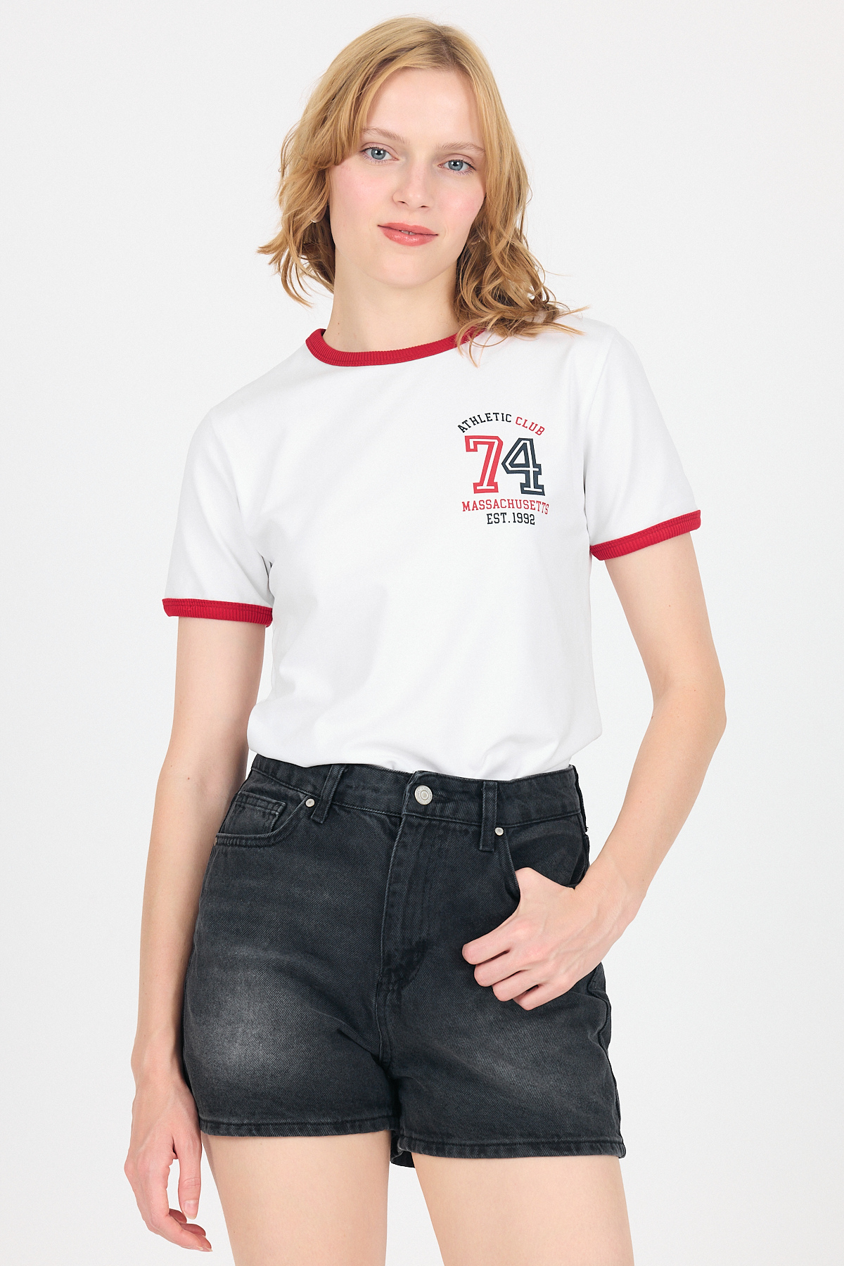 Beyaz Yazı Baskılı Regular Fit Ribana Detaylı Tişört 6325 - 2