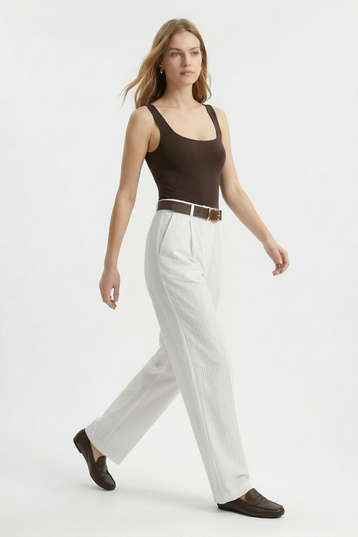 Beyaz Yüksek Bel Kemerli Çizgili Pantolon 3779 - 1