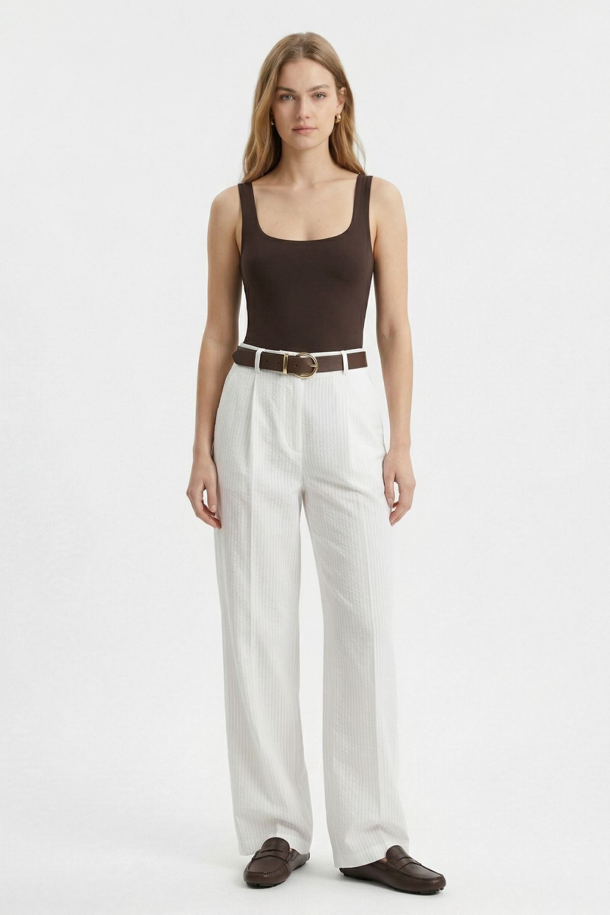 Beyaz Yüksek Bel Kemerli Çizgili Pantolon 3779 - RAYS (1)