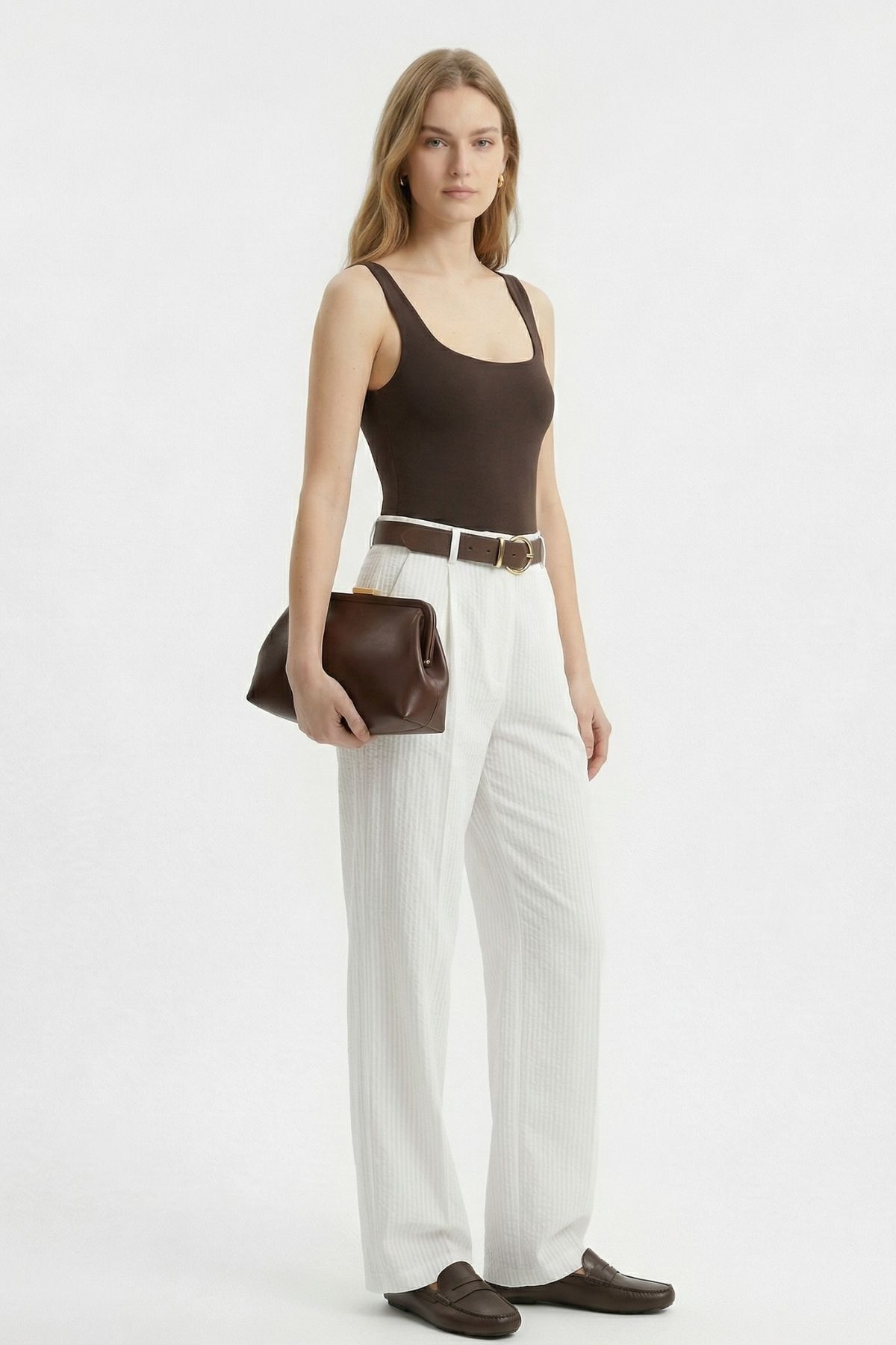 Beyaz Yüksek Bel Kemerli Çizgili Pantolon 3779 - RAYS