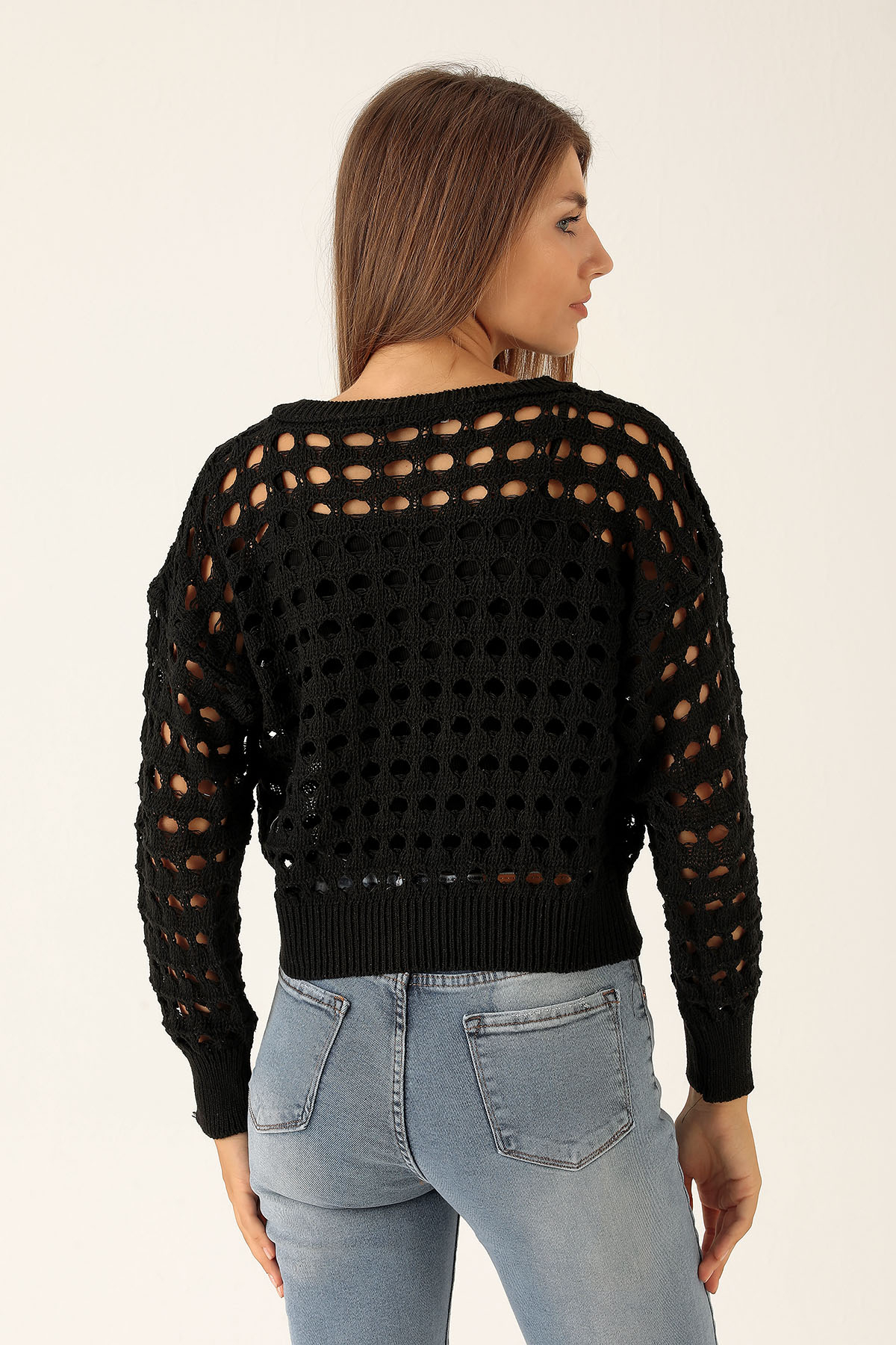 Bisiklet Yaka Delikli Kazak - 1533 Siyah - 3