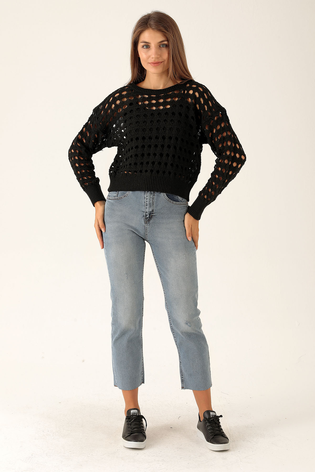 Bisiklet Yaka Delikli Kazak - 1533 Siyah - 4