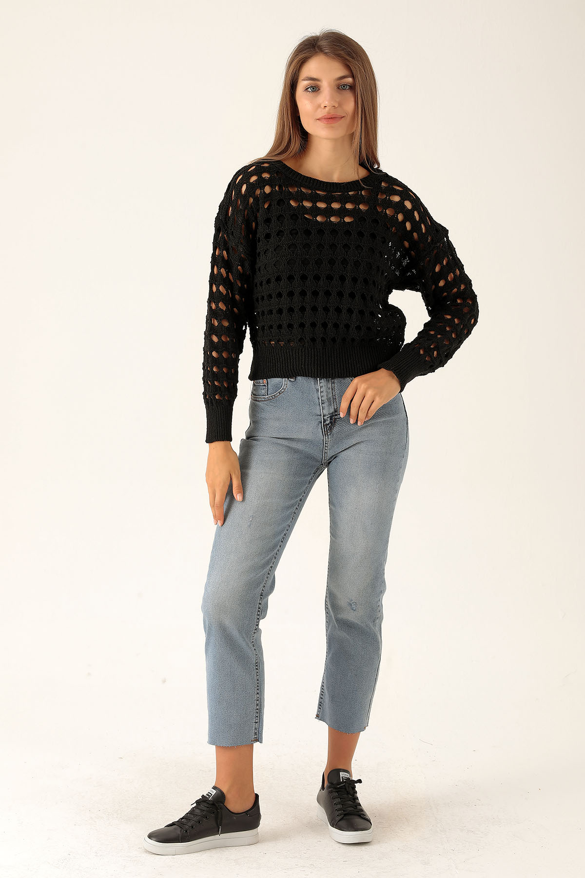 Bisiklet Yaka Delikli Kazak - 1533 Siyah - 5