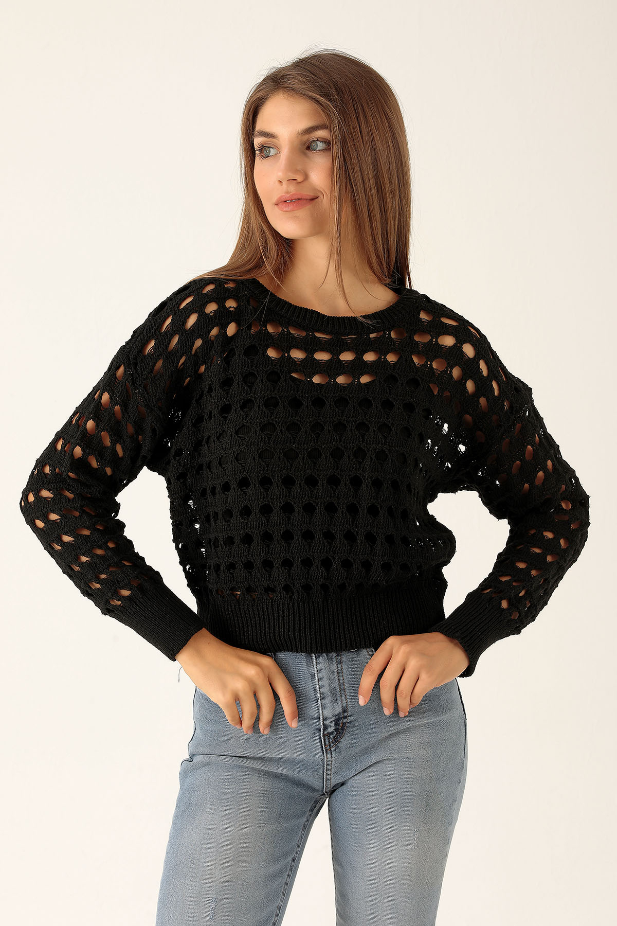 Bisiklet Yaka Delikli Kazak - 1533 Siyah 