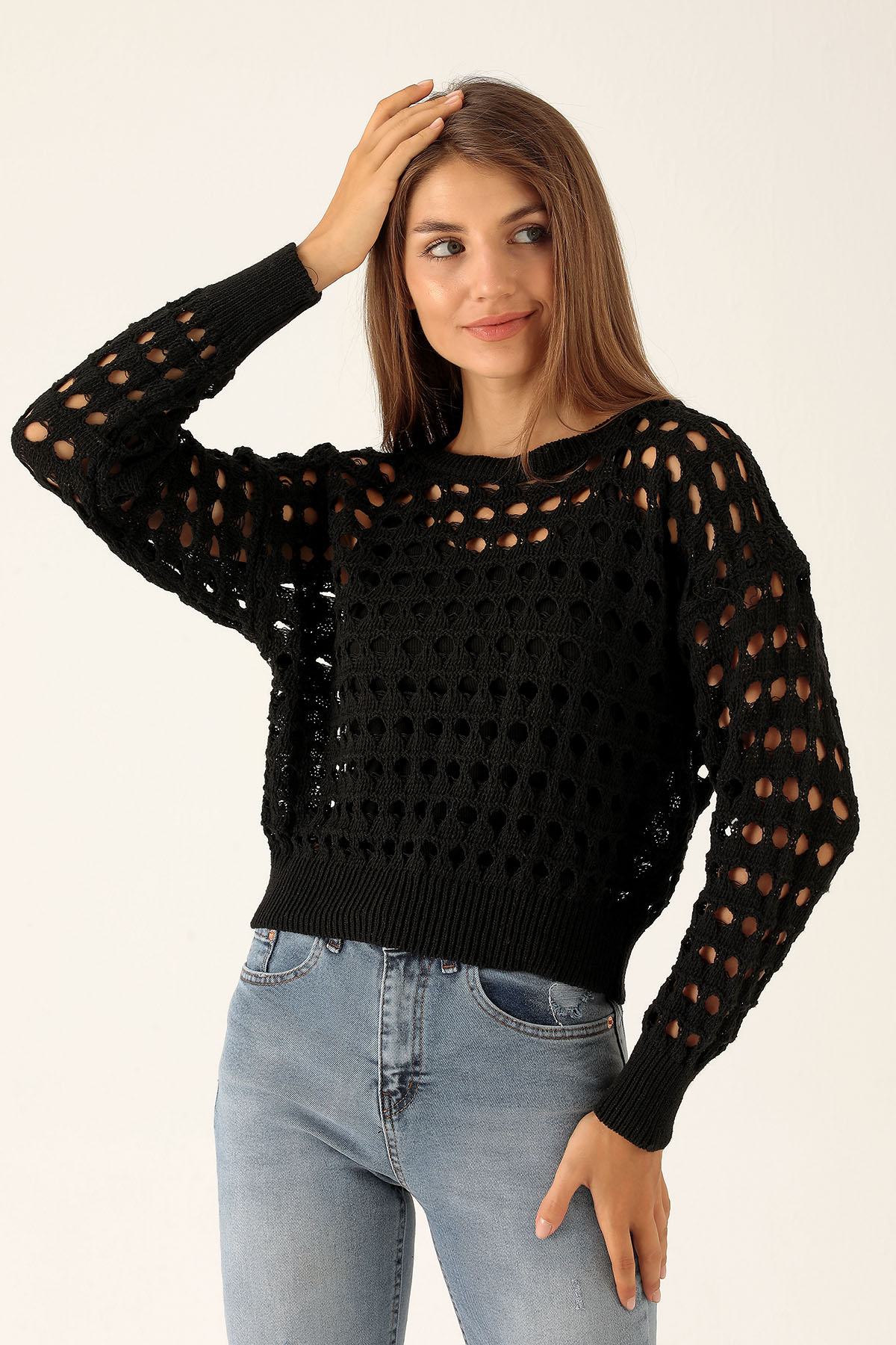 Bisiklet Yaka Delikli Kazak - 1533 Siyah - 2