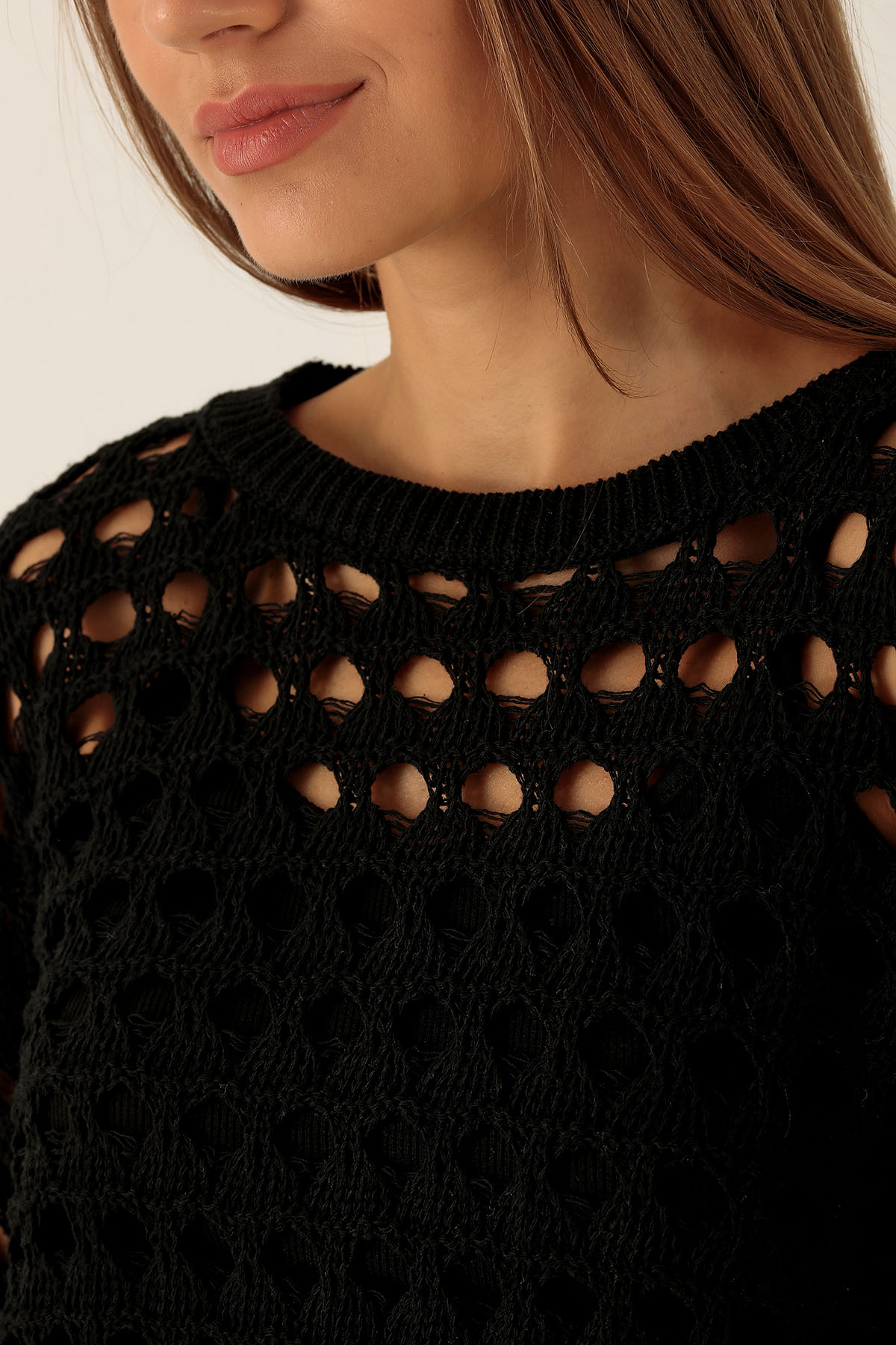 Bisiklet Yaka Delikli Kazak - 1533 Siyah - 6