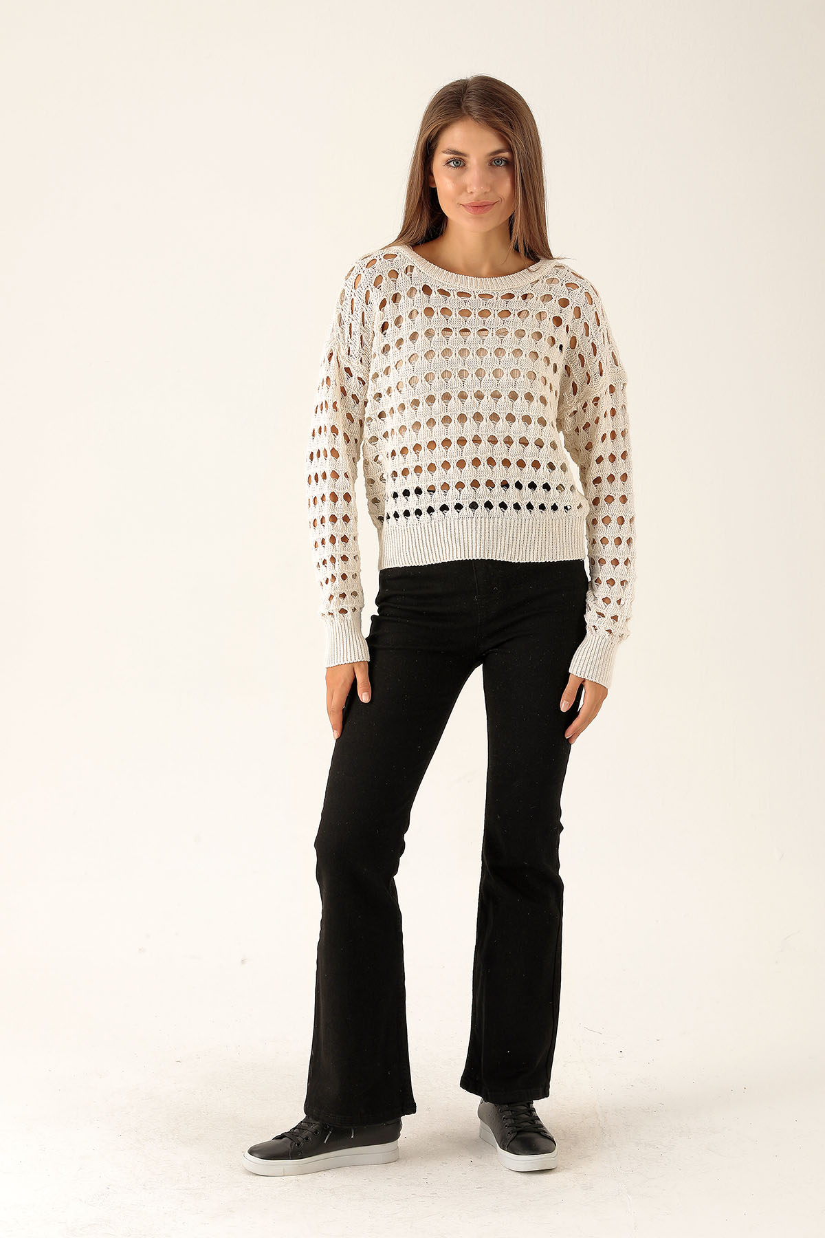 Bisiklet Yaka Delikli Kazak - 1533 Taş - 4