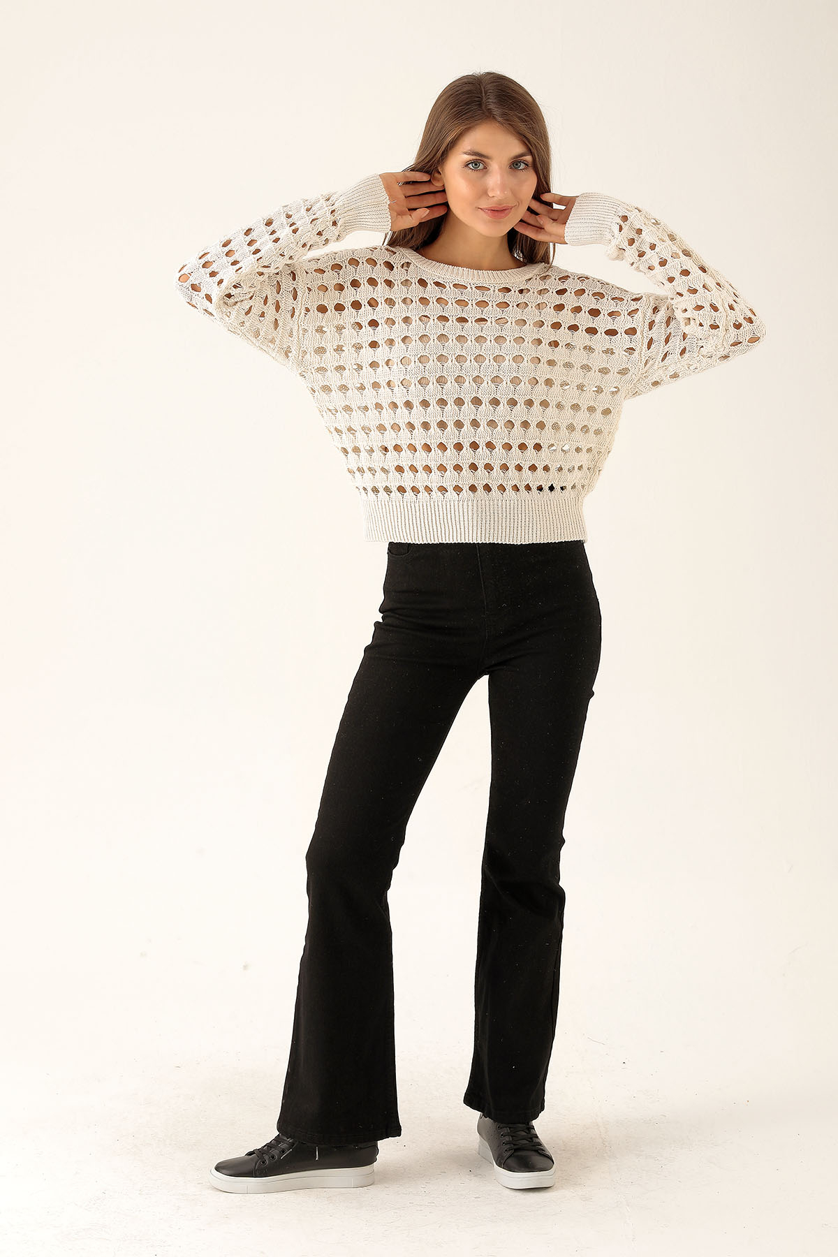 Bisiklet Yaka Delikli Kazak - 1533 Taş - 5