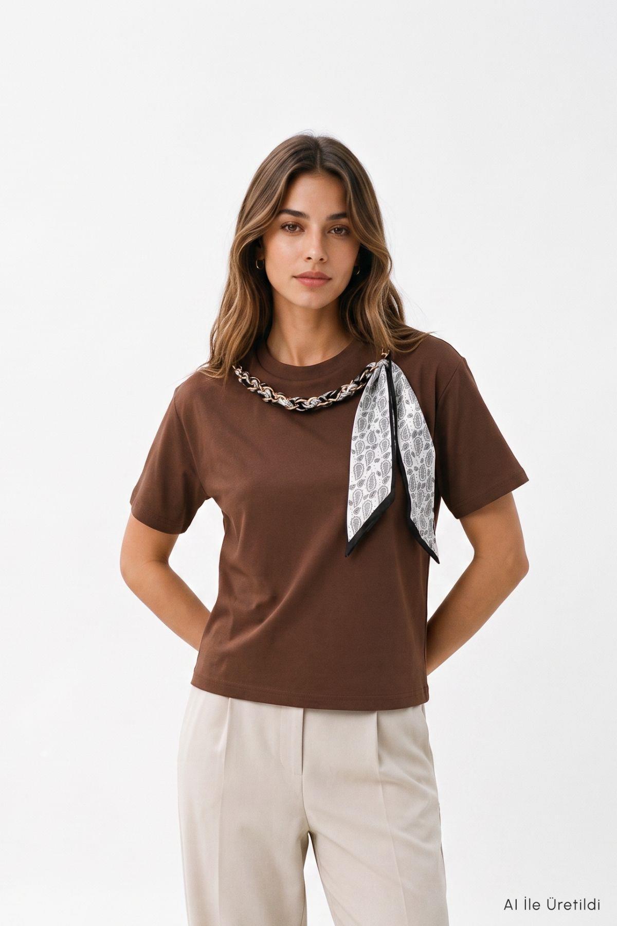 Bisiklet Yaka Fularlı Tişört 8650A Kahve - 2