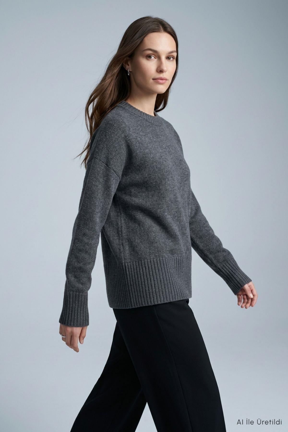 Bisiklet Yaka Oversize Triko Kazak 2521 Antrasit - 1