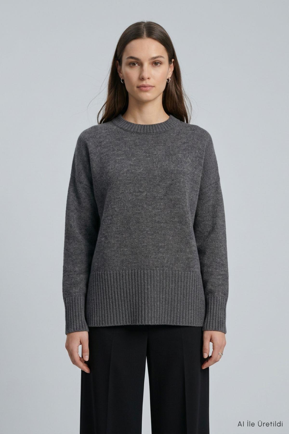 Bisiklet Yaka Oversize Triko Kazak 2521 Antrasit - Rays