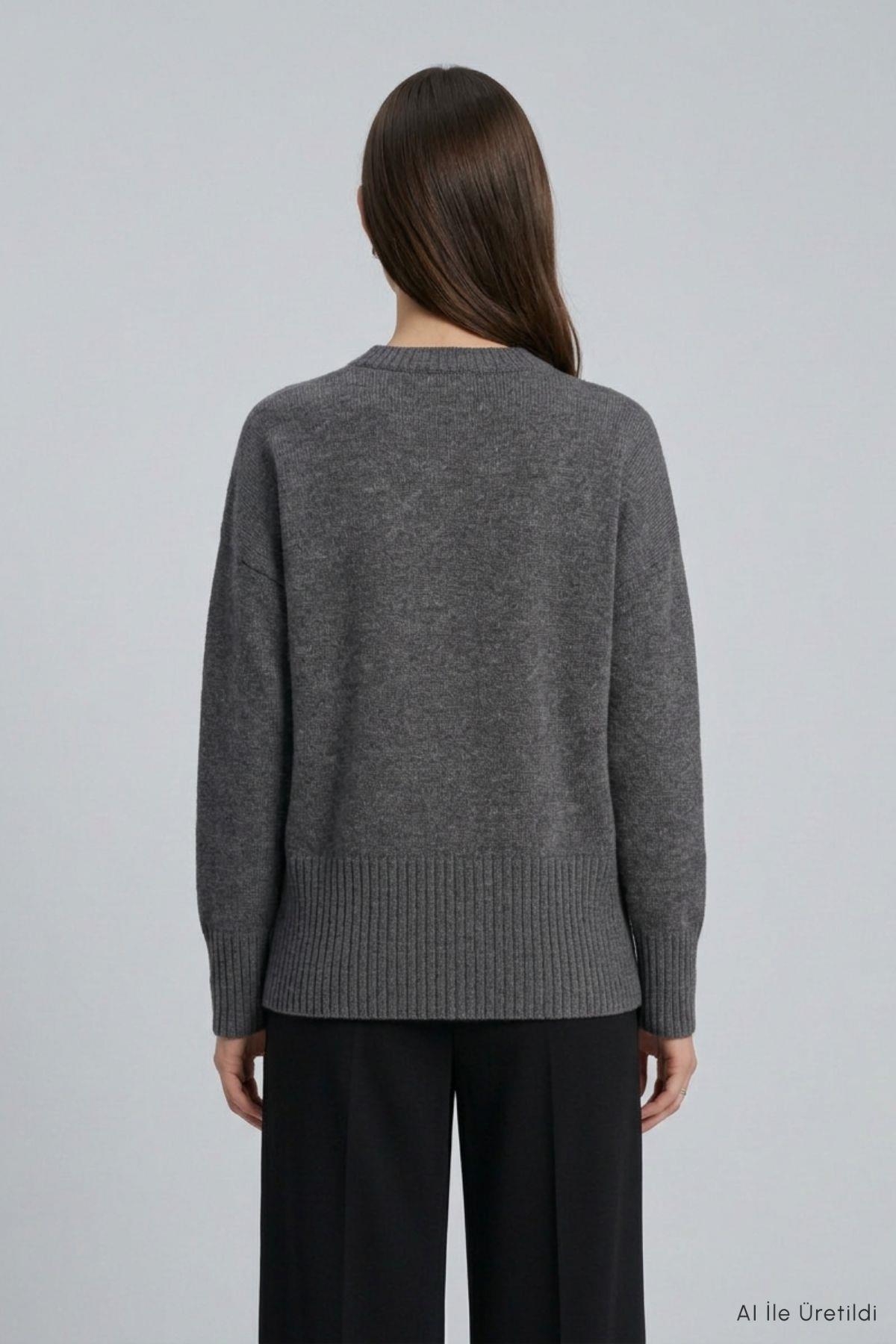 Bisiklet Yaka Oversize Triko Kazak 2521 Antrasit - 3