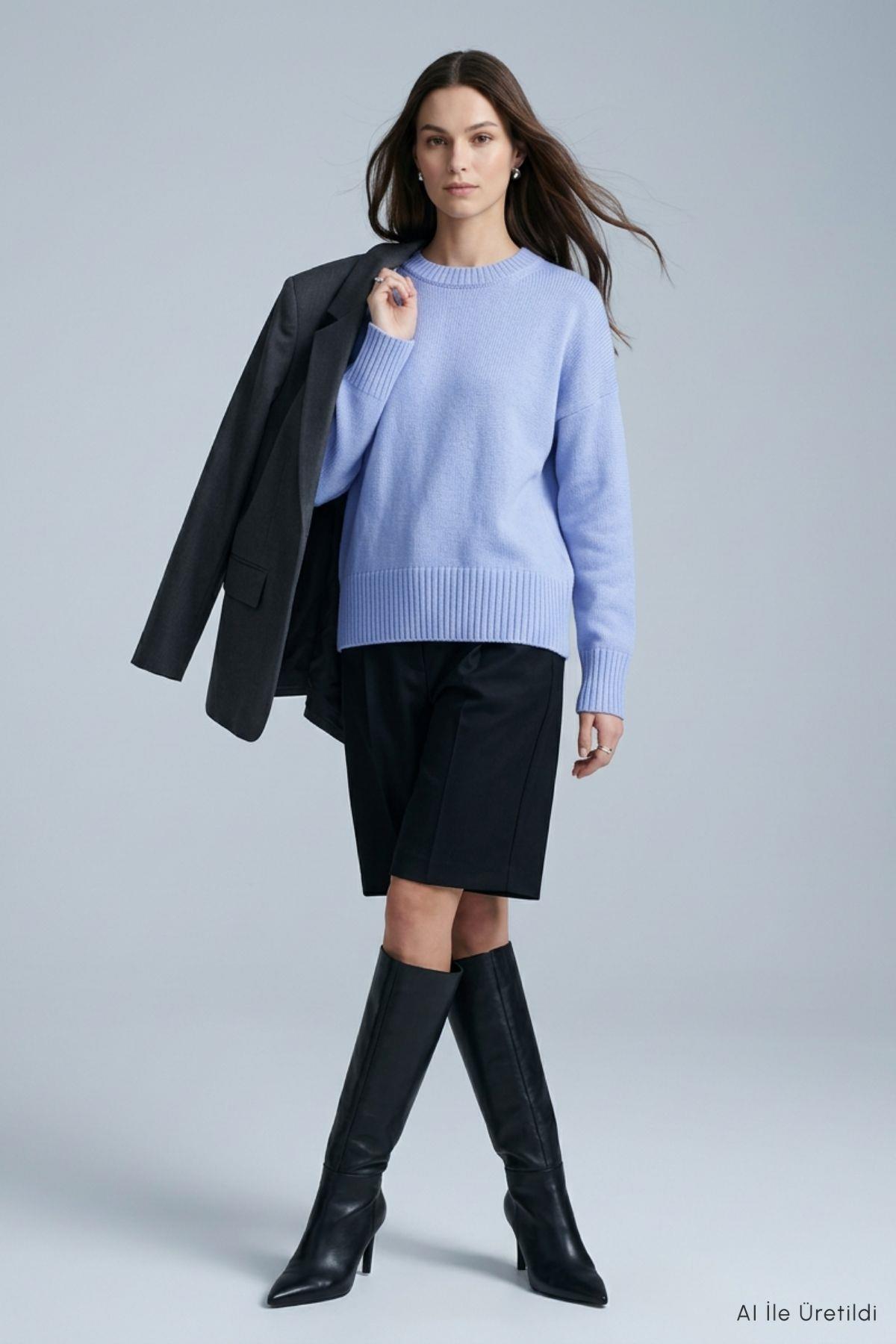 Bisiklet Yaka Oversize Triko Kazak 2521 Bebe Mavi - Rays
