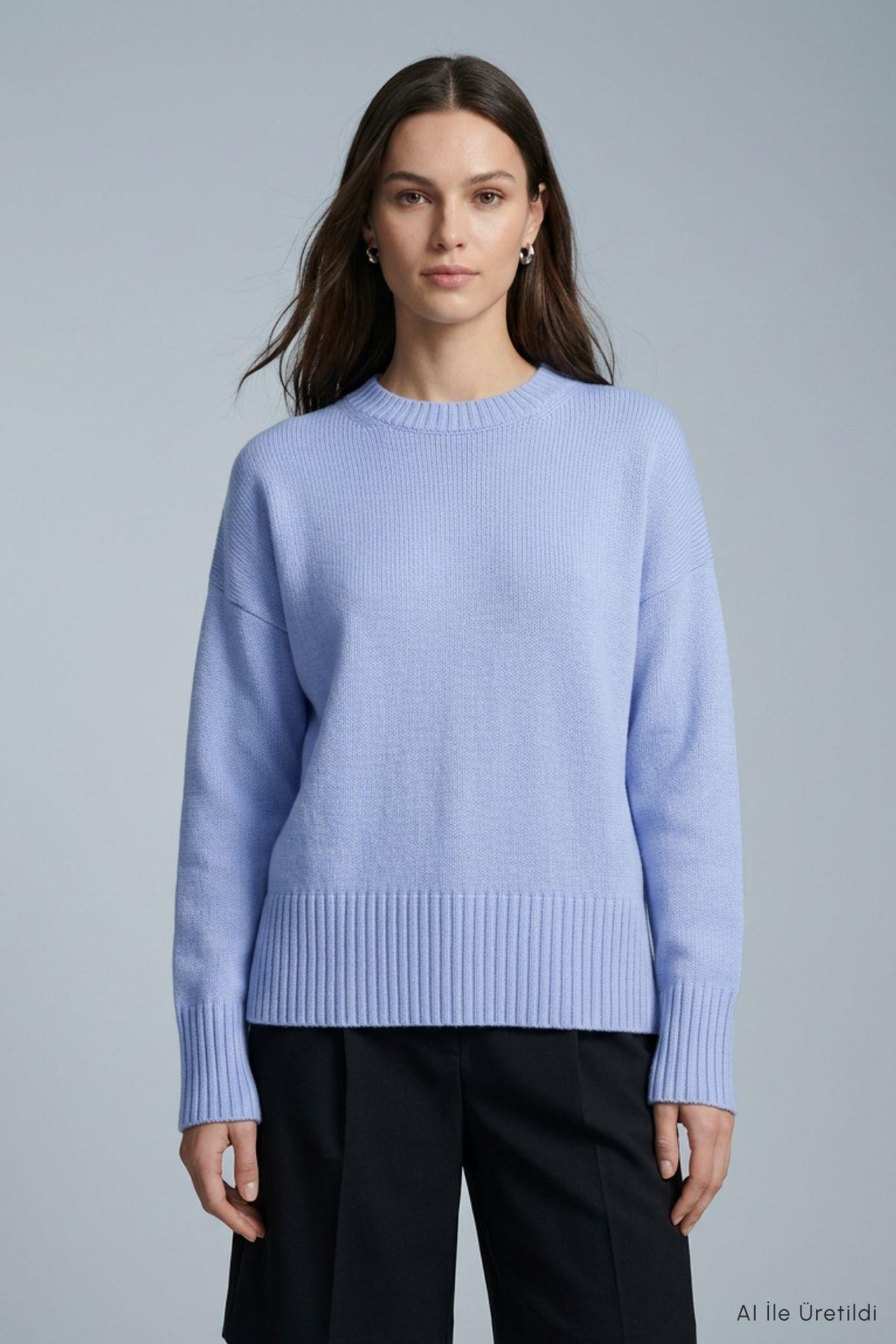 Bisiklet Yaka Oversize Triko Kazak 2521 Bebe Mavi - Rays