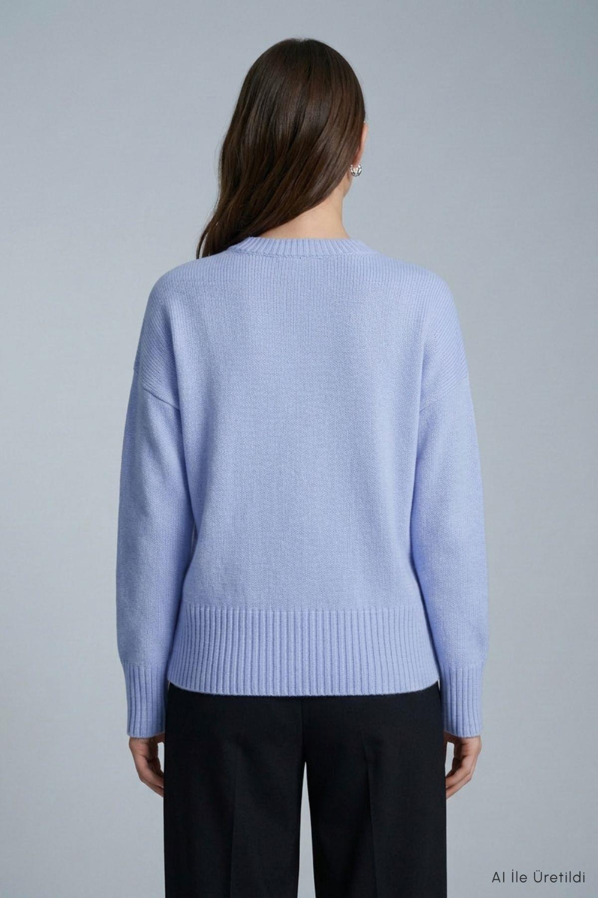 Bisiklet Yaka Oversize Triko Kazak 2521 Bebe Mavi - Rays