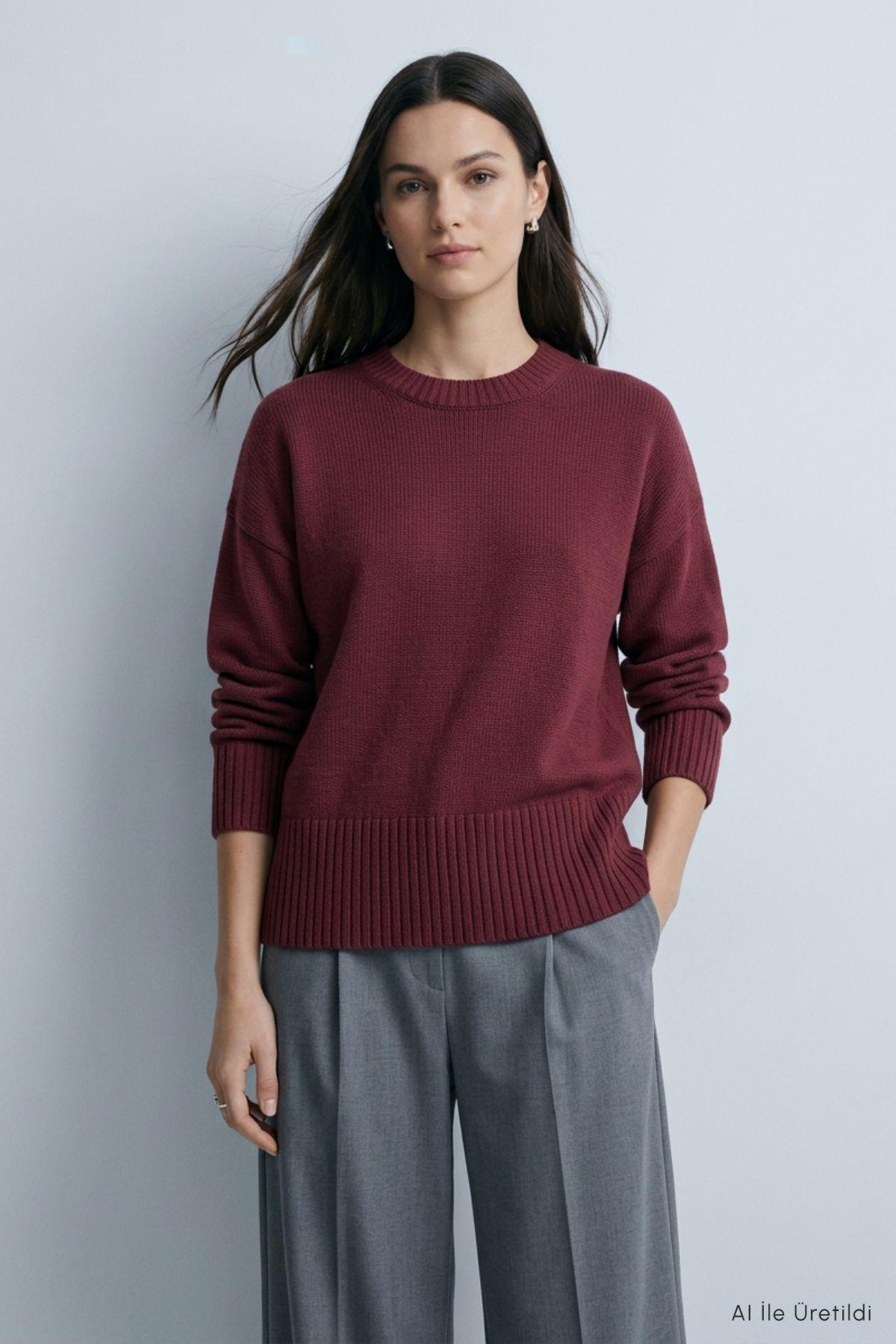 Bisiklet Yaka Oversize Triko Kazak 2521 Bordo - Rays