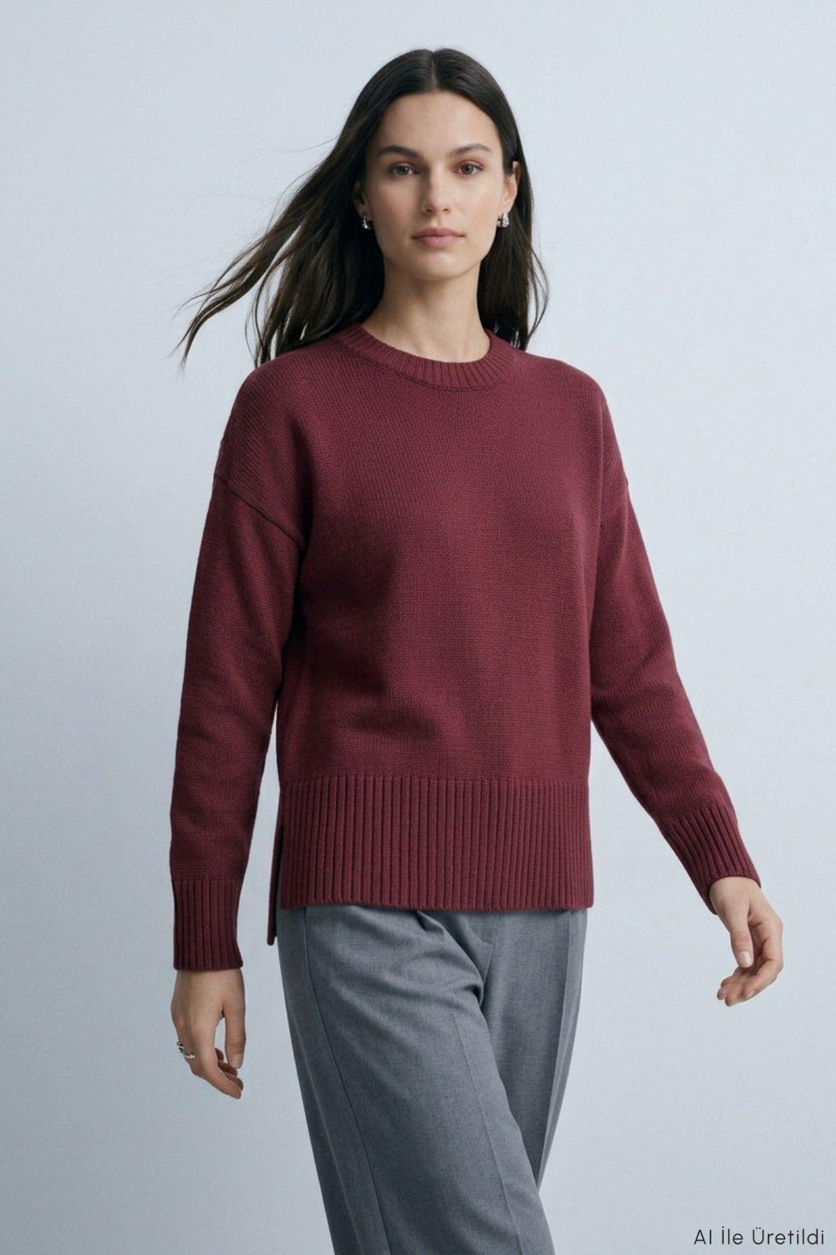 Bisiklet Yaka Oversize Triko Kazak 2521 Bordo - Rays