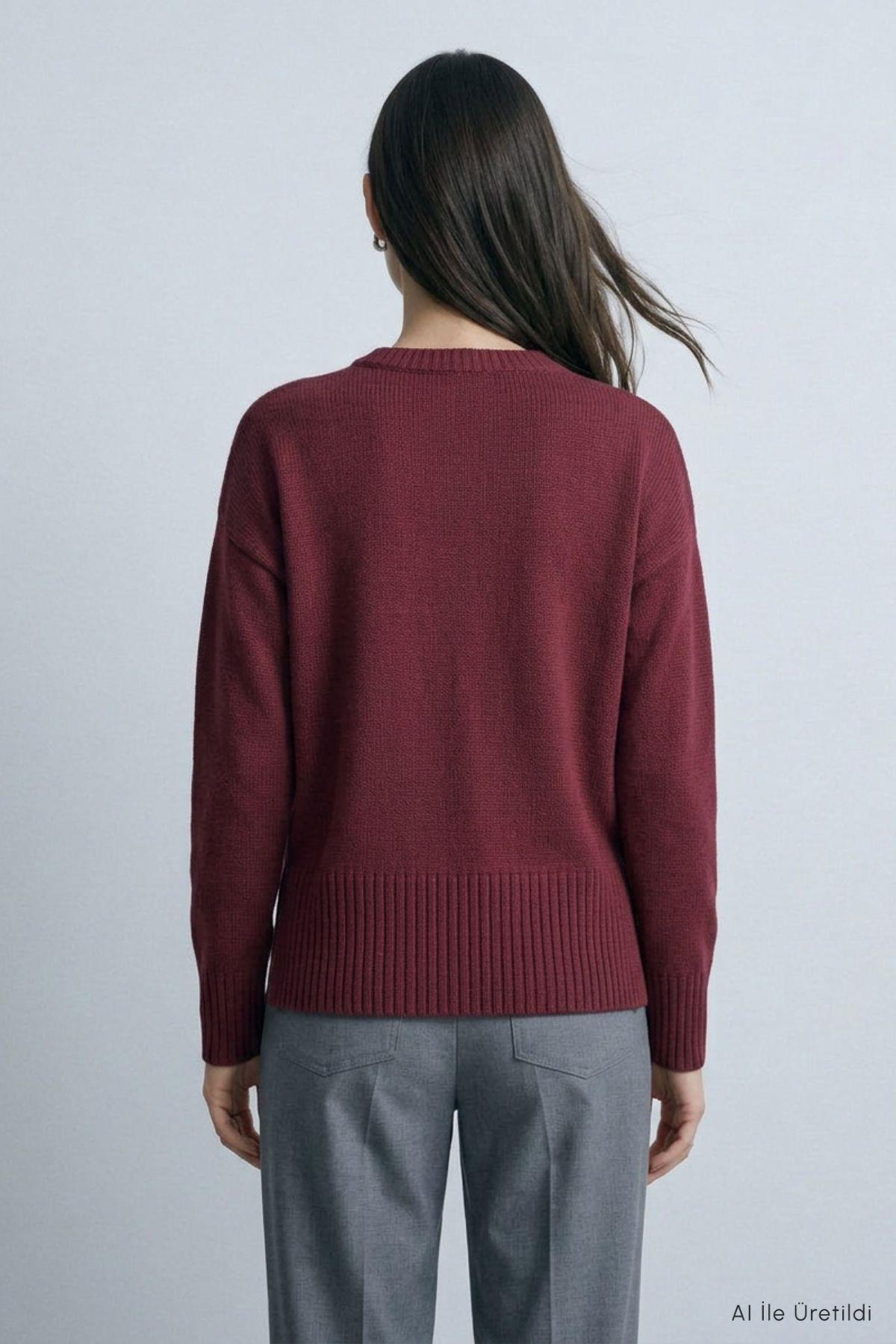 Bisiklet Yaka Oversize Triko Kazak 2521 Bordo - Rays